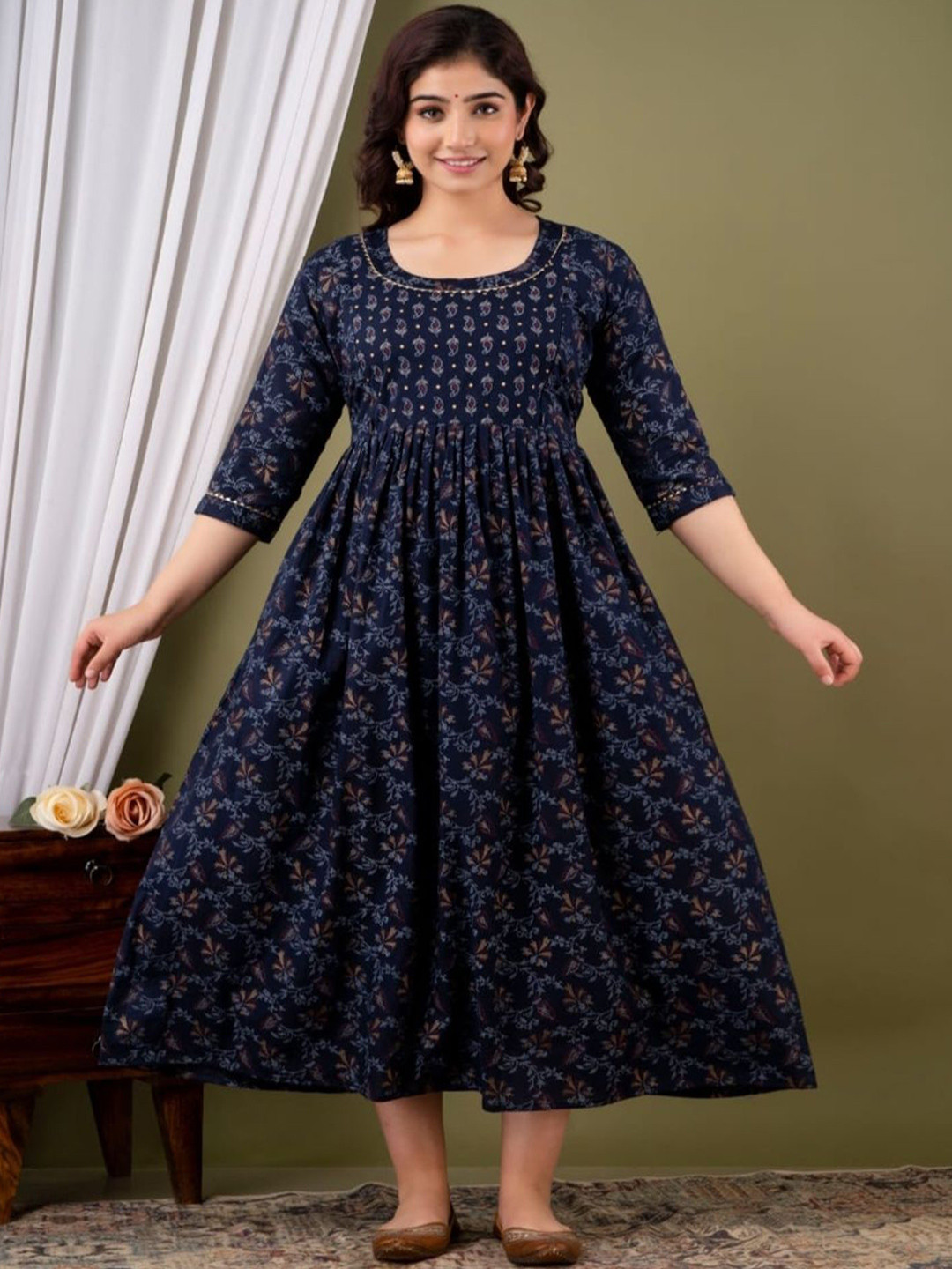 Queens Closet Women Ethnic Motifs Printed Regular Cotton Calf Length Anarkali Kurta