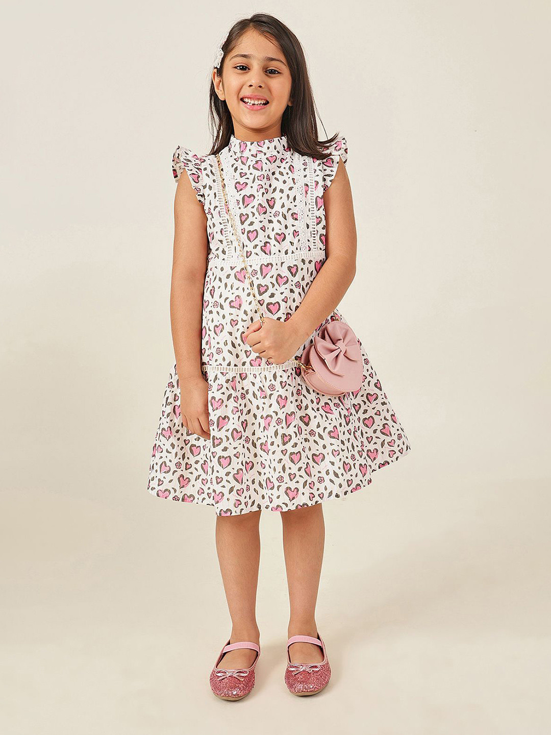 One Friday Girls Heart Printed Lace Detailing Fit & Flare Dress