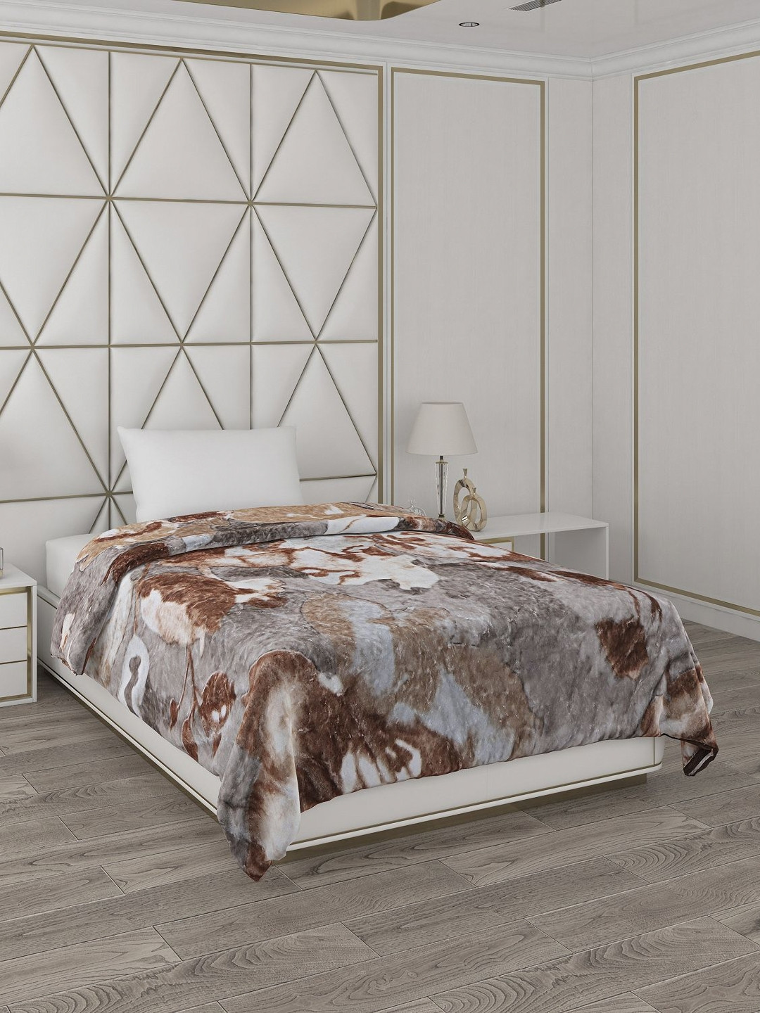 Monte Carlo Grey & Brown Printed Mild Winter 596 GSM Single Bed Blanket