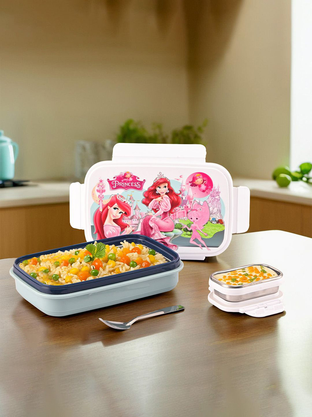 Kuber Industries White & Grey Printed Lunch Box With Spoon