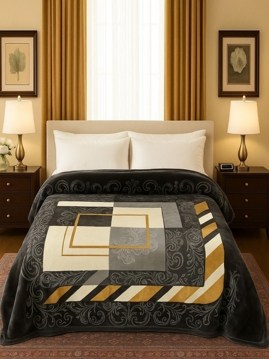 Nivasam Brezza Charcoal Geometric Mink Heavy Winter Double Bed Blanket