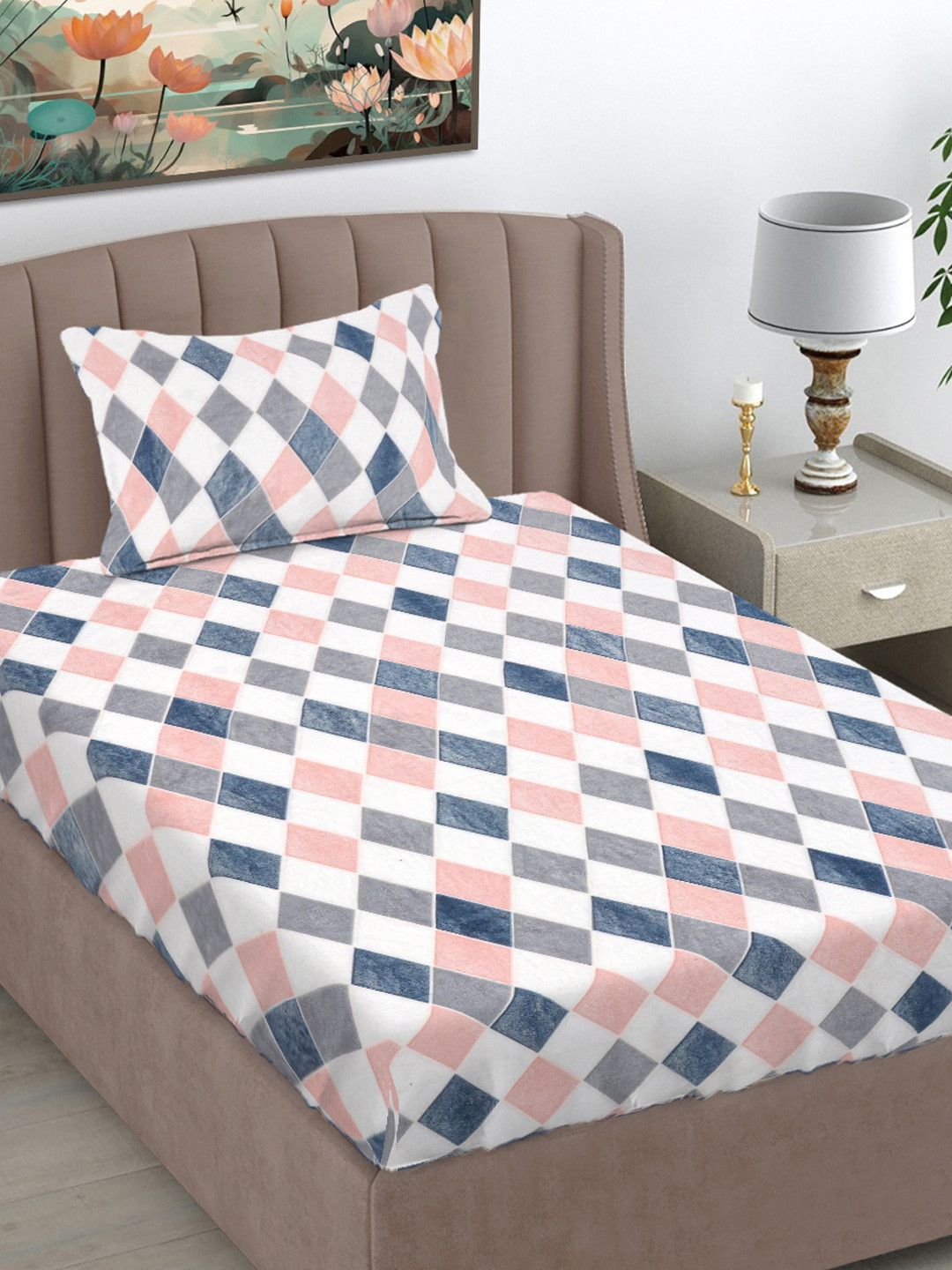 Myntra Elegant Homes Pink & White Geometric Woollen Single Bedsheet Set 2.20m x 1.50m