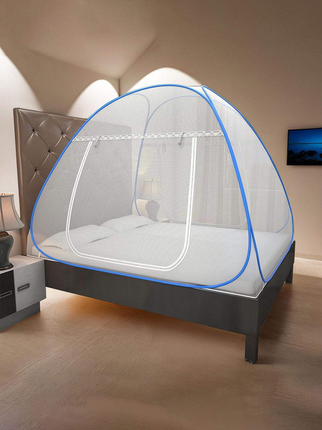 Kuber Industries Blue & White Folding King Size Tent Mosquito Net