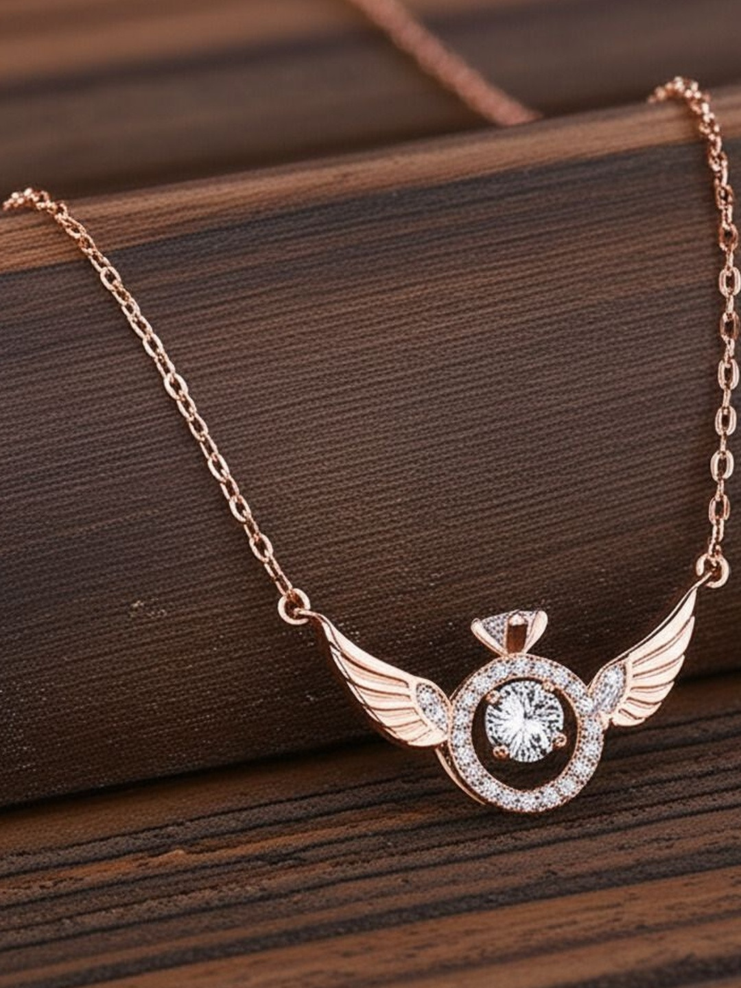 DressBerry Women Rose Gold-Plated Angel Wings Cubic Zirconia Alloy Pendant With Chain