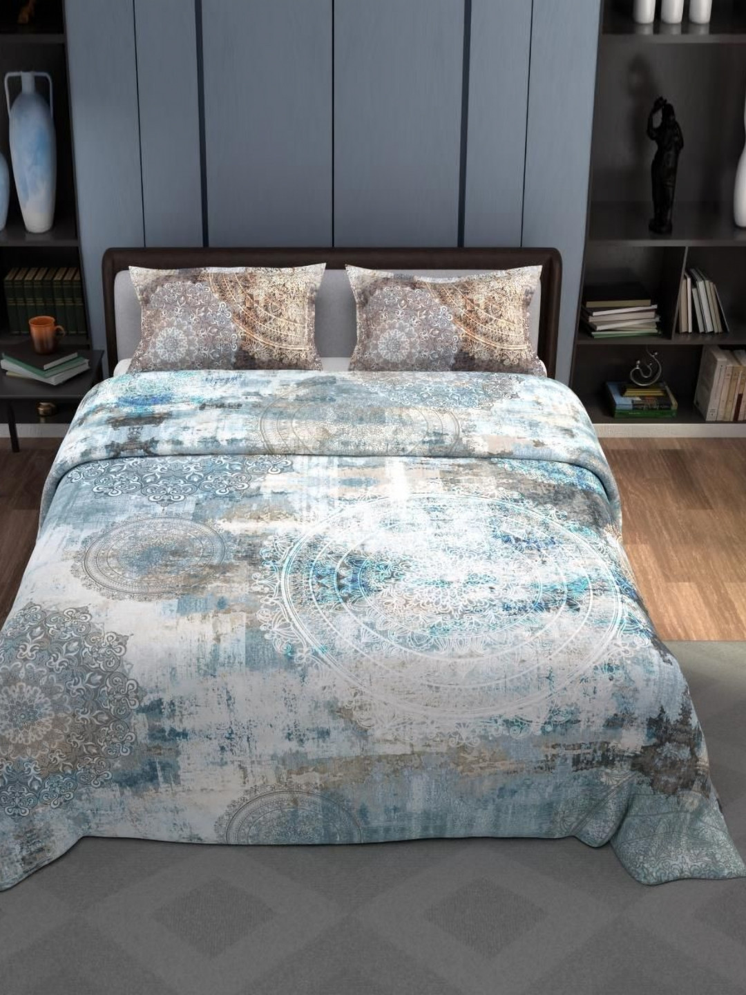 Synergized Cotton Blue Printed Cotton King Bedsheet With 2 Pillow Covers 2.74m x 2.74m