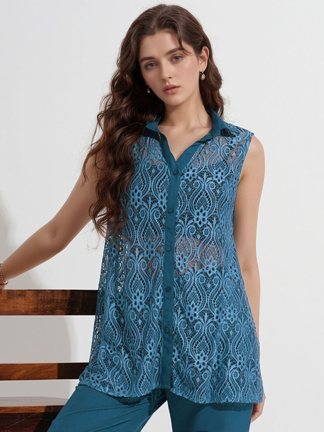 DressBerry Women Teal Semi Sheer Casual Shirt