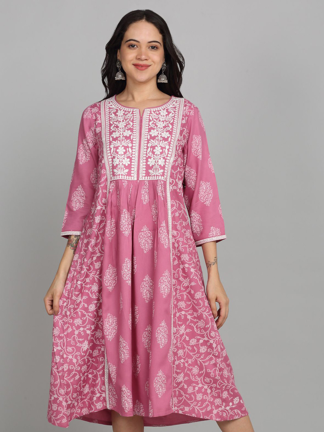 AVALIA Women Floral Embroidered A-Line Midi Ethnic Dress