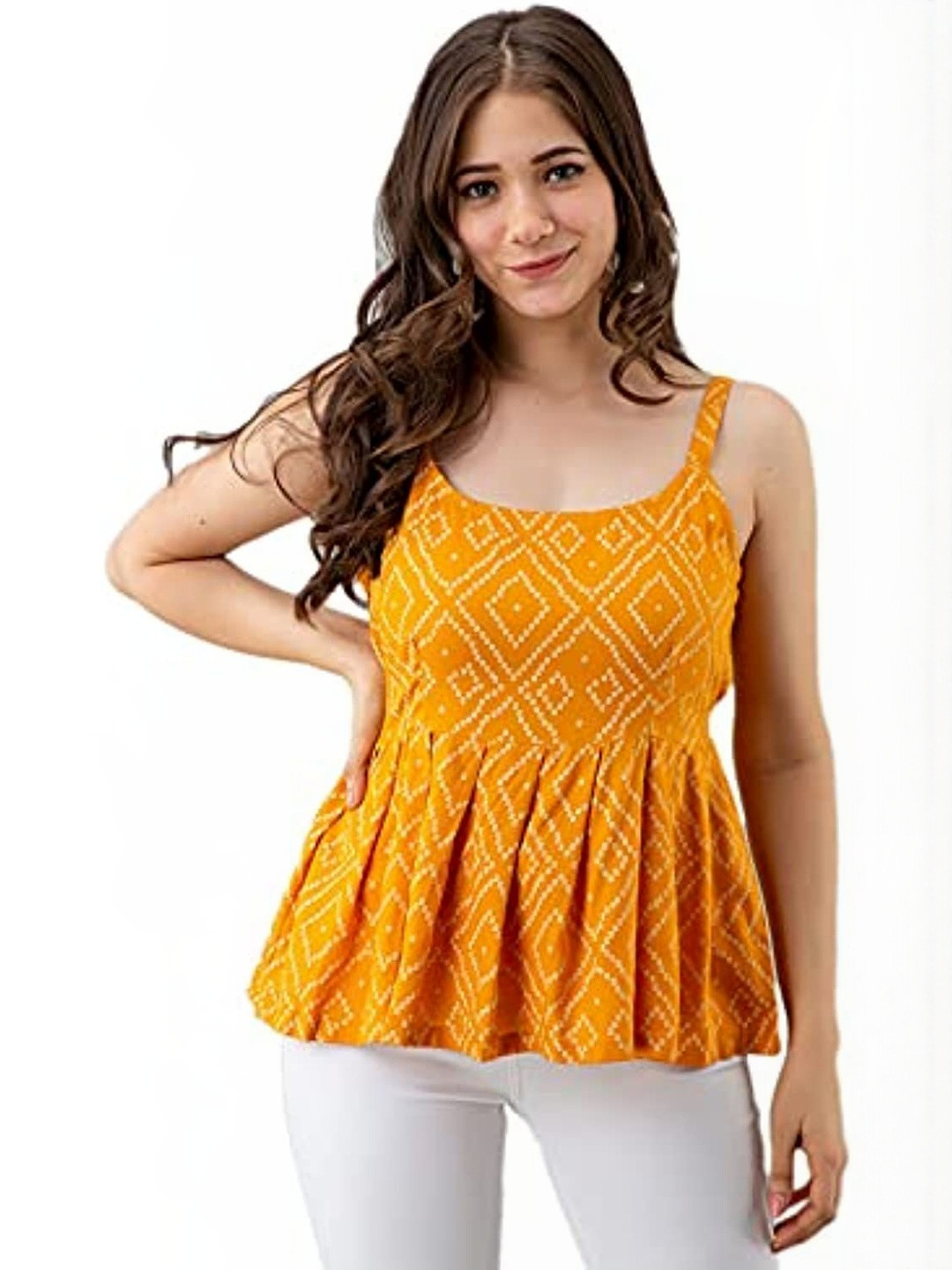 Renqiran Women Geometric Printed Gathered or Pleated Sleeveless Peplum Regular Top