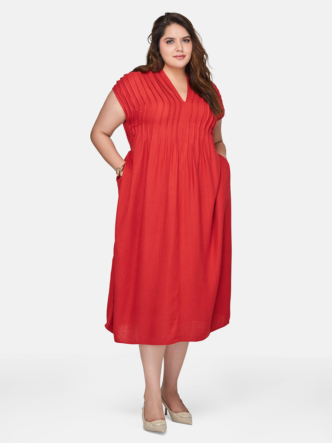 Virgio Plus Size  Women V-Neck Cap Sleeves A-Line Midi Dress