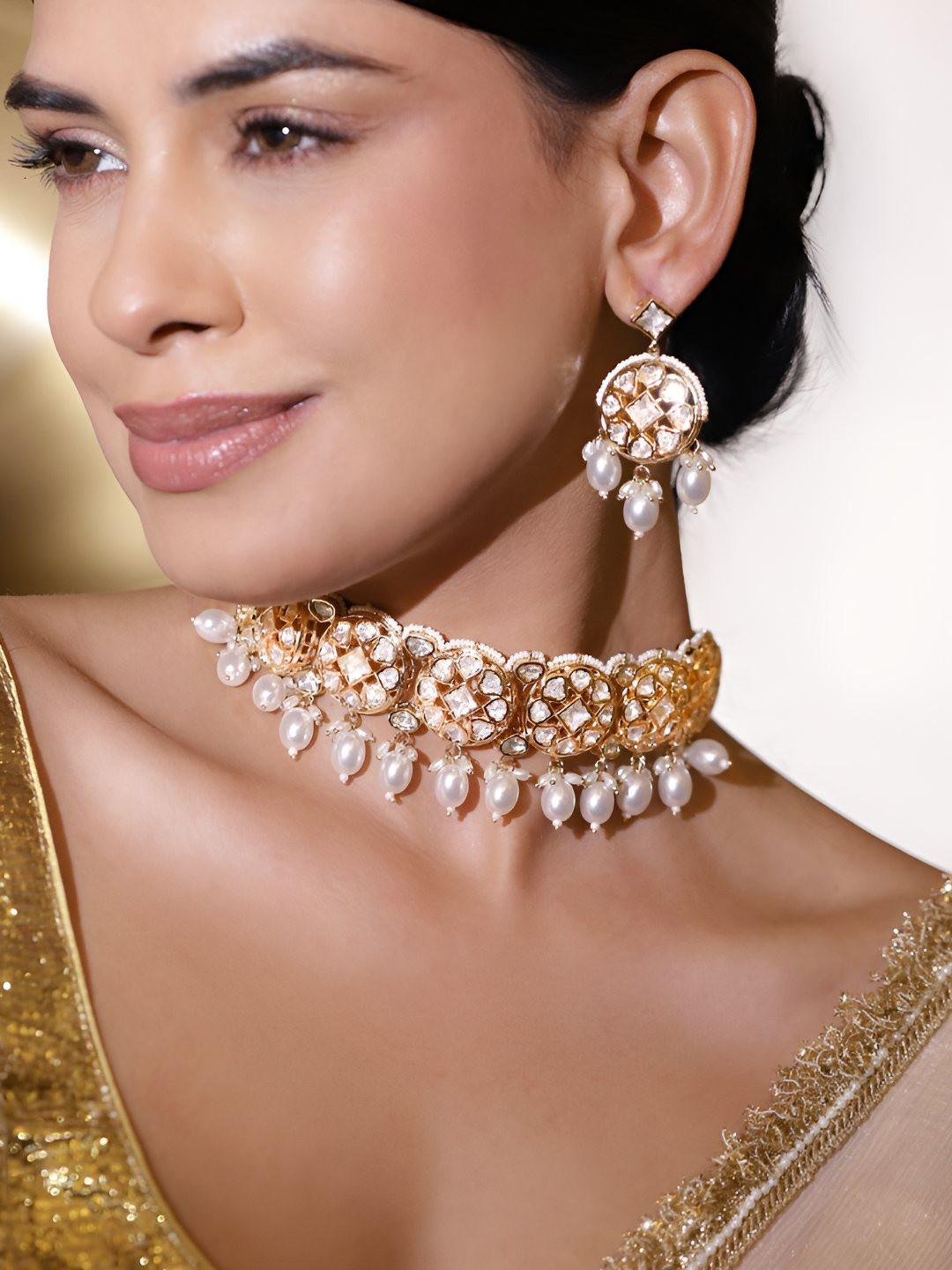 Rubans 22K Gold-Plated Handcrafted White Kundan Choker Necklace Set with Pearl Drop Accent