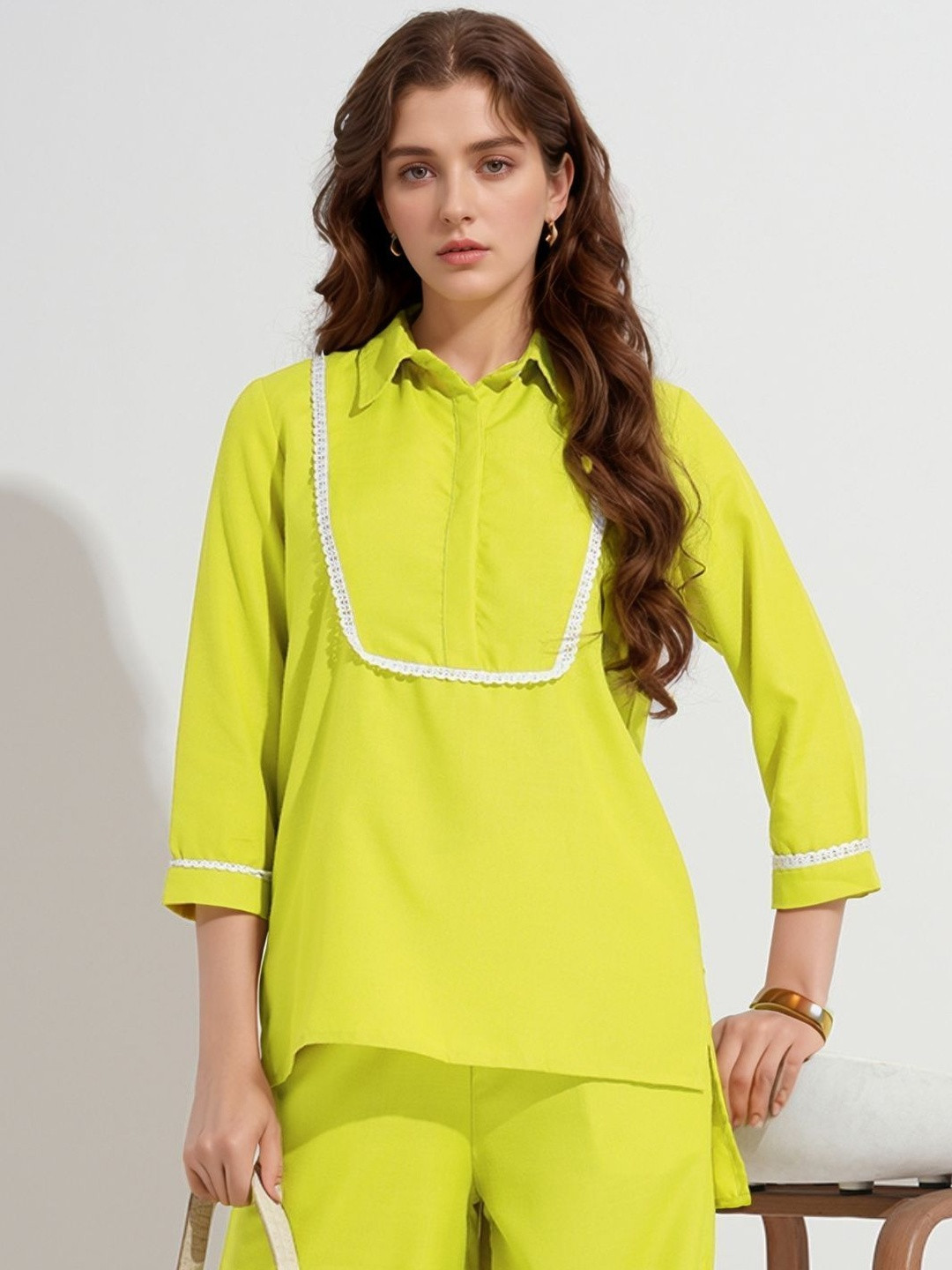 DressBerry Women Lime Green Cotton Lace Detail Top