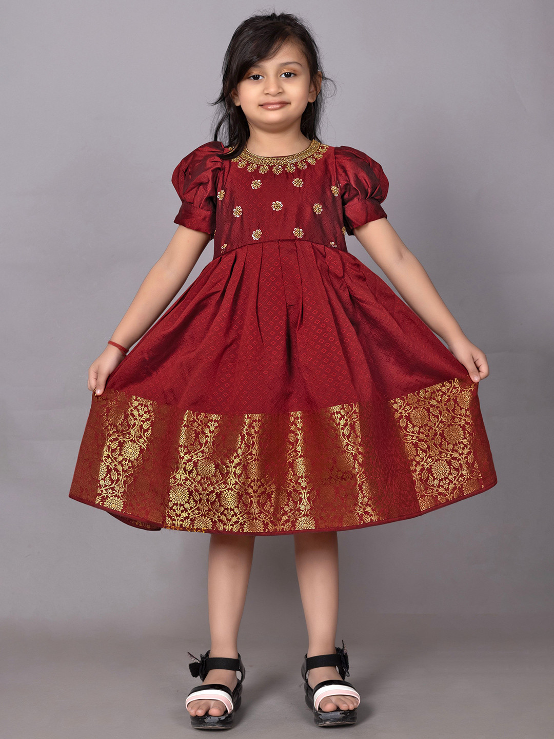 Ethzy Girls Embroidered Sequined Puff Sleeves Fit and Flare Ethnic Dress
