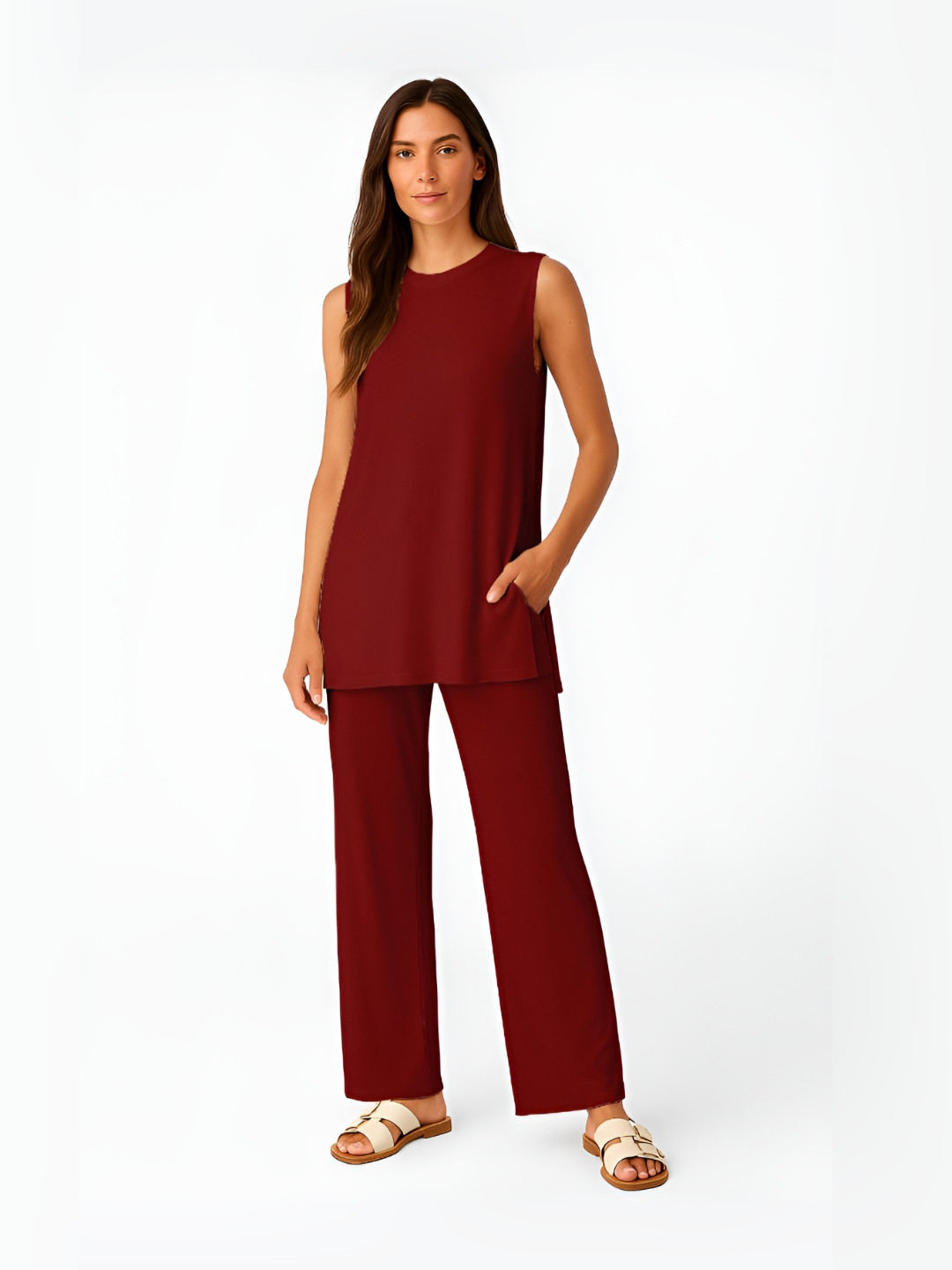 Moomaya Round Neck Split Hem Tank Top And Wide Leg Pants