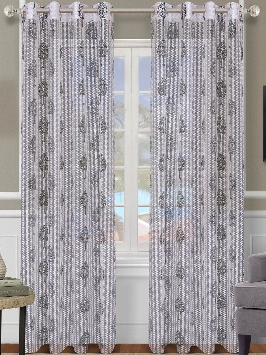 Myntra Elegant Homes Grey & Off White Set of 2 Floral Sheer Door Curtain