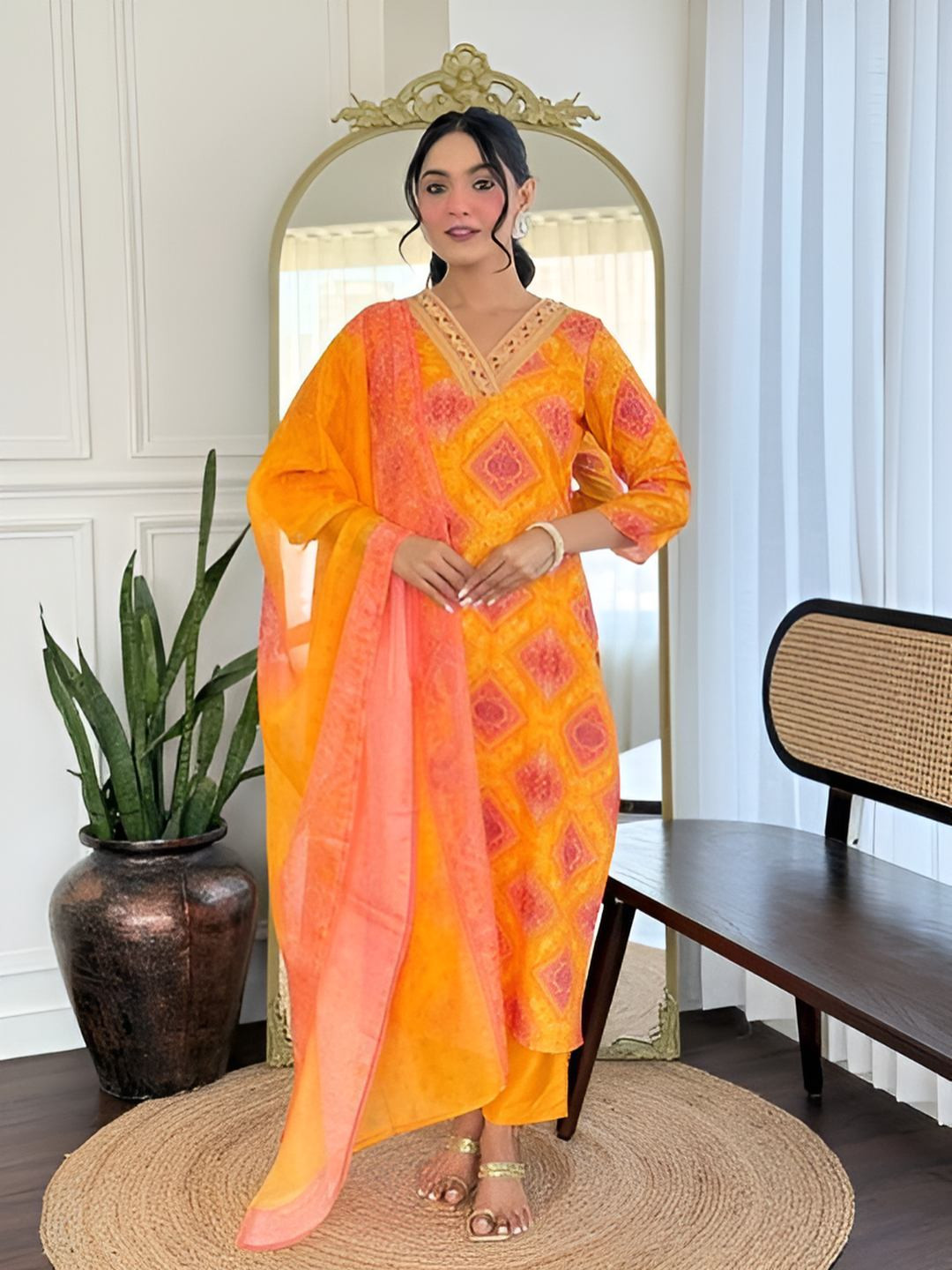 S.K.C Women Bandhani Printed Regular Thread Work Kurta with Trousers & Dupatta