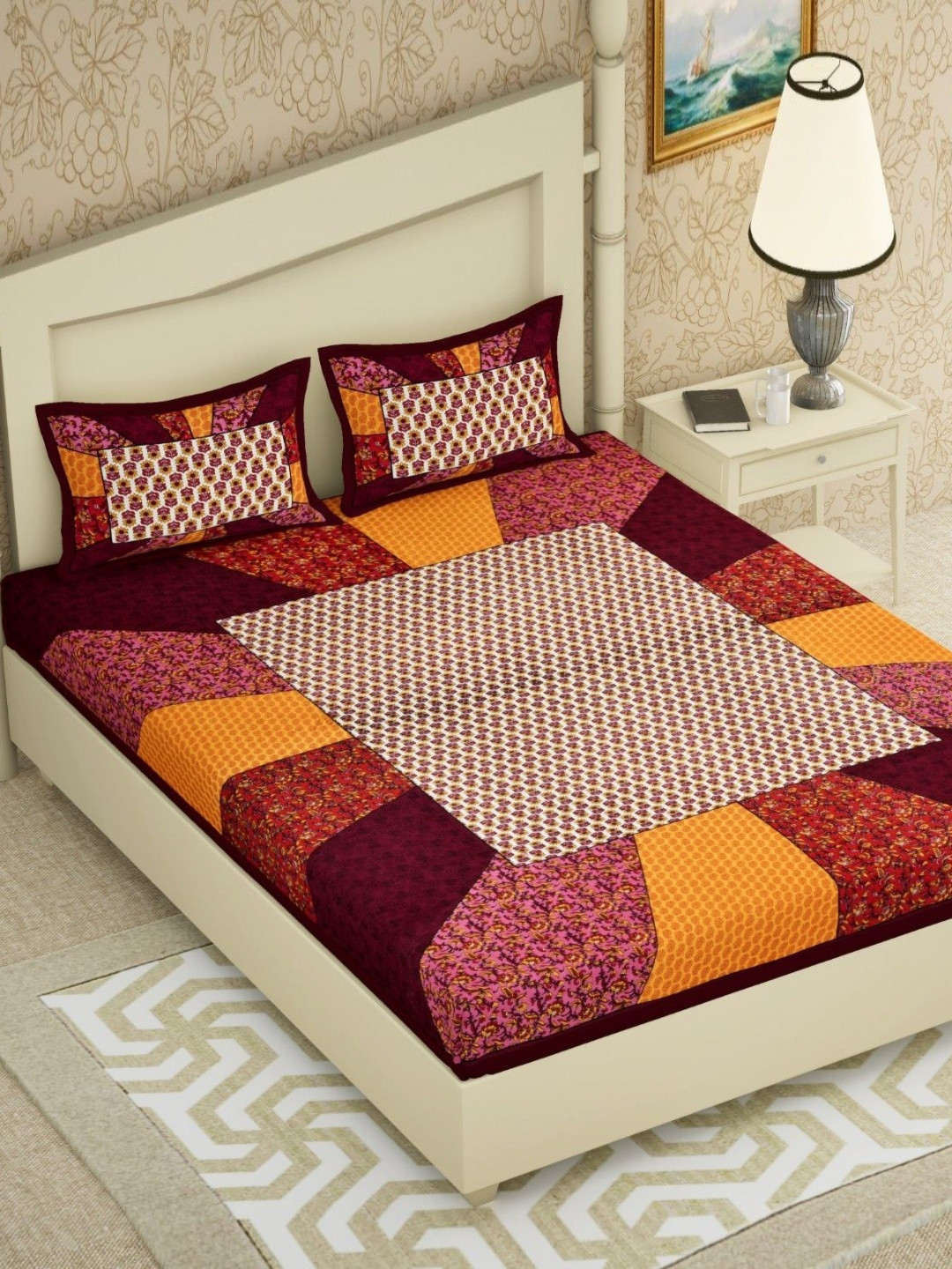 KD PRINTS Maroon & Orange Floral 180 TC Bedsheet Set 76.2 m