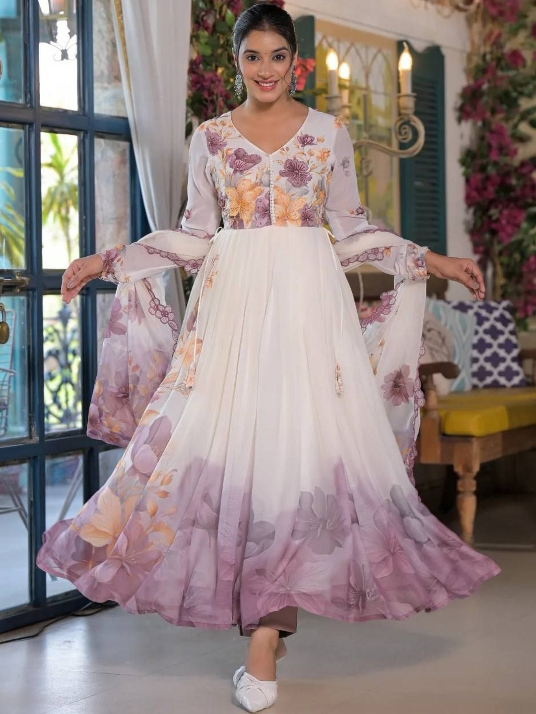 ANSH CREATION Women Floral Printed Anarkali Kurta with Trousers & Dupatta