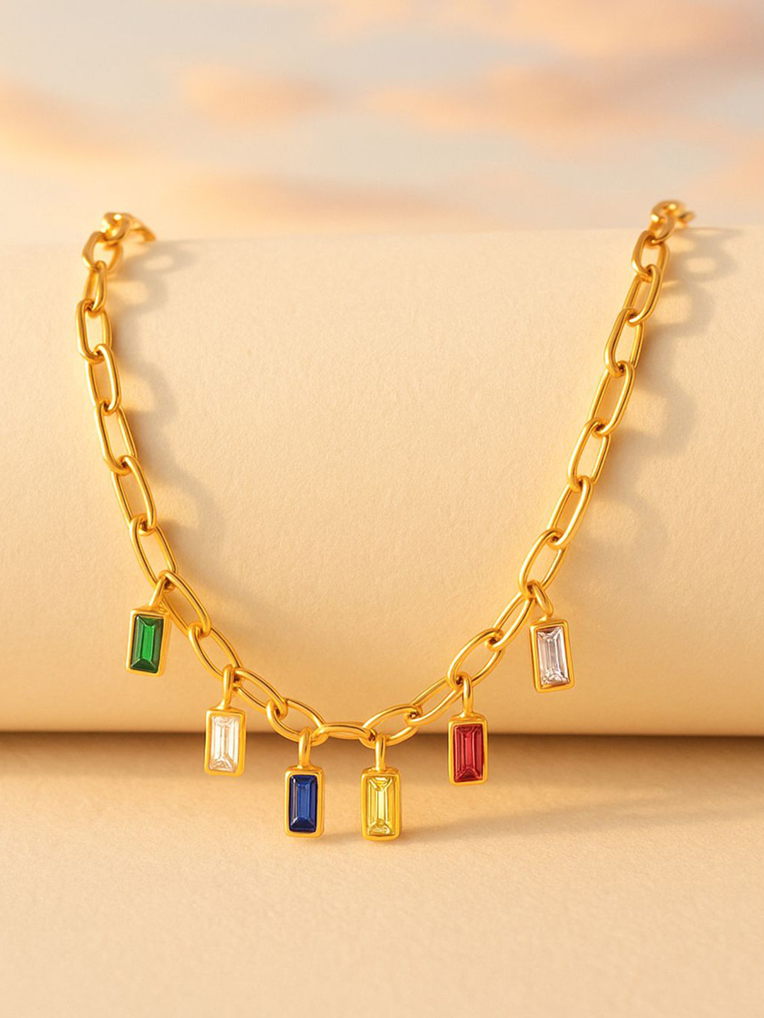 Rubans 18K Gold-Plated Stainless Steel Waterproof Multicolor Stone Charm Chain Necklace