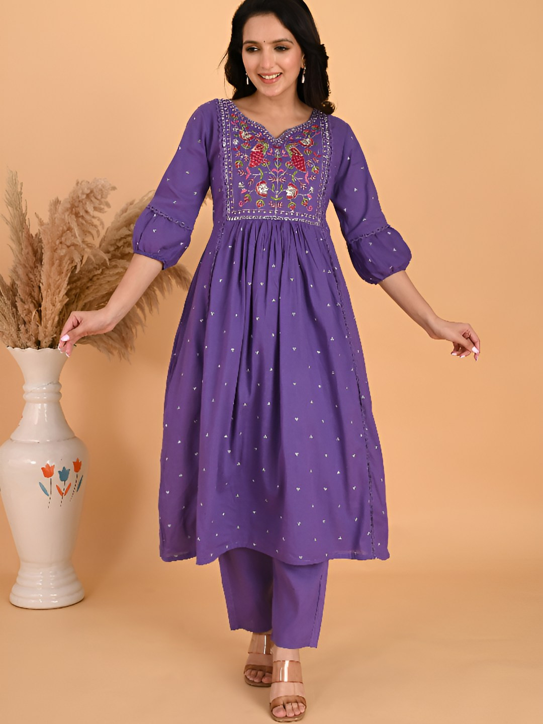 Vogue by Avantika Women Embroidered Anarkali Pleated Pure Cotton Kurta with Trousers