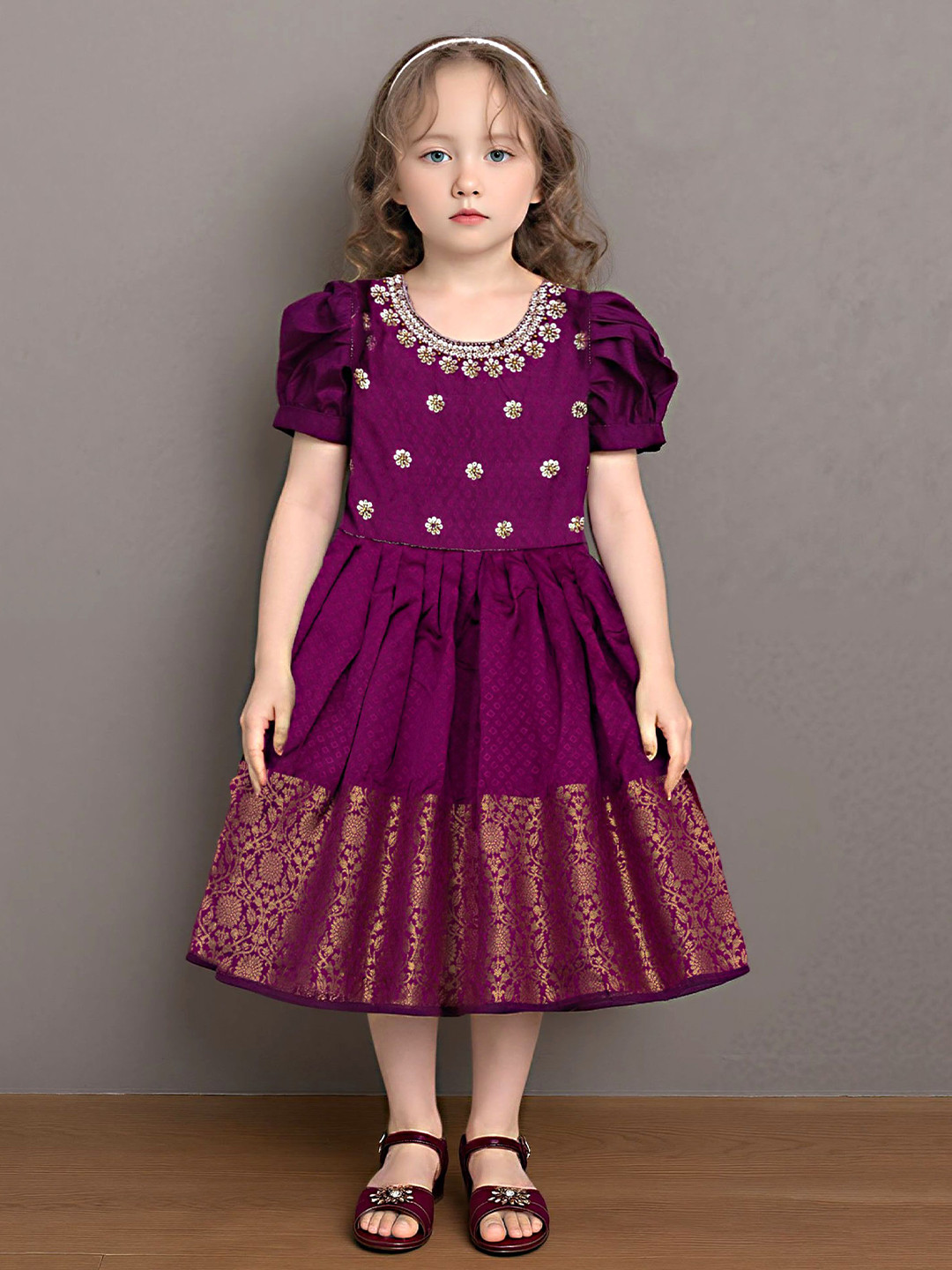 Ethzy Girls Ethnic Motifs Embroidered Puff Sleeve Jacquard Fit & Flare Ethnic Dresses