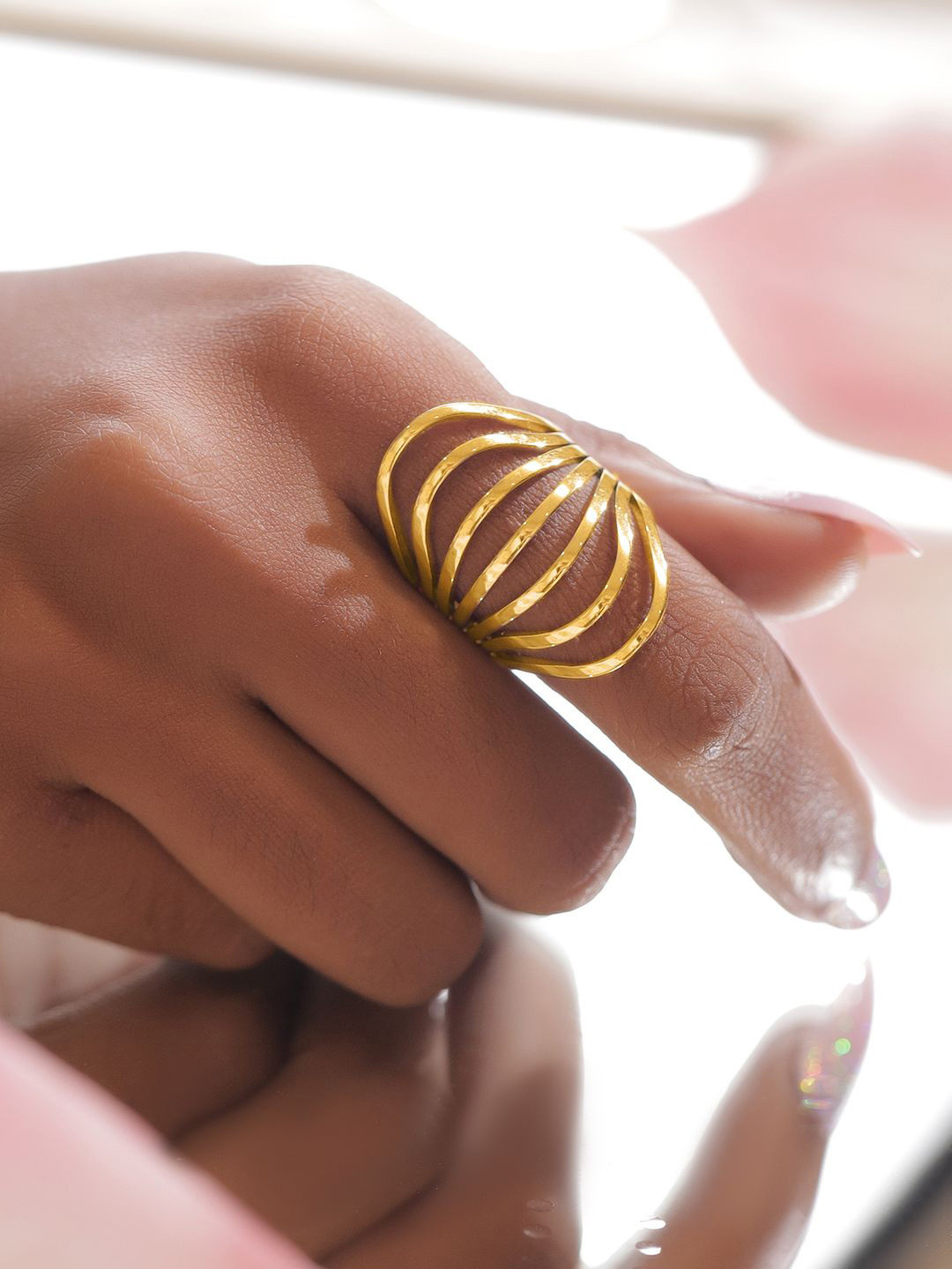 Rubans 18K Gold-Plated Stainless Steel Tarnish-Free Waterproof Openwork Layered Wave Ring