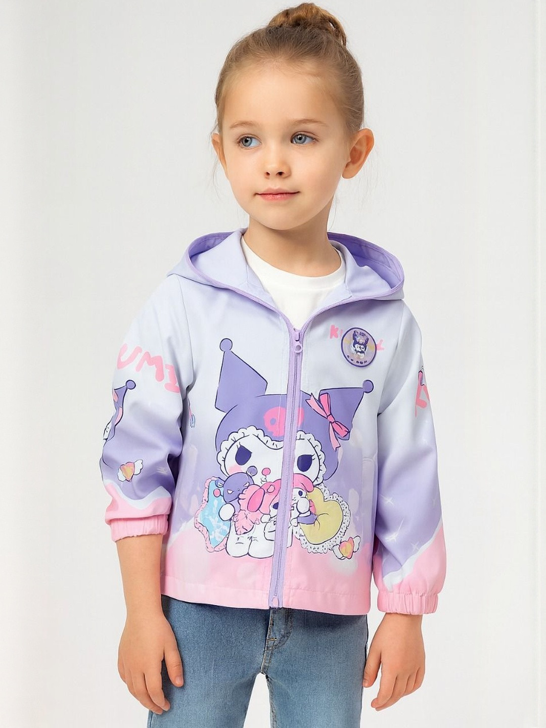 AIDAN PAUL Girls Purple Taslon Printed Zip Closer Hooded Jacket