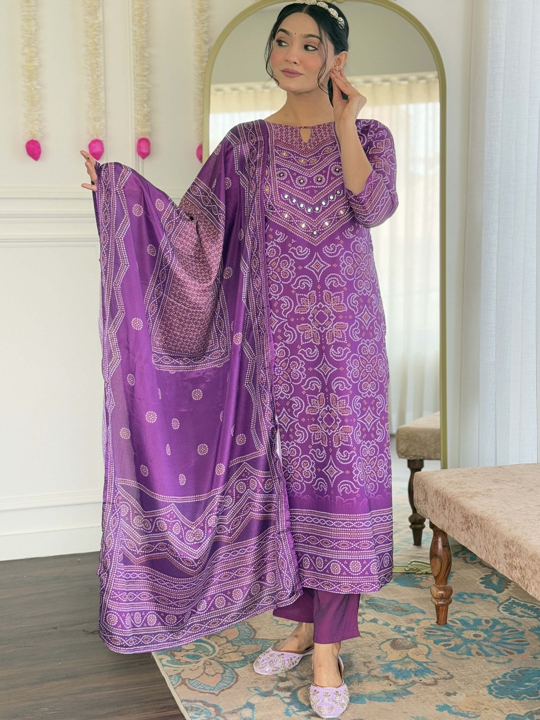 HERE&NOW Women Purple Silk Crepe Bandhani Mirror Work Kurta Set With Trousers & Dupatta