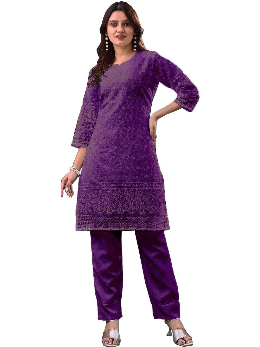 ZAZADIYA ENTERPRISE Women Purple Hand Embroidered Chikankari Work Kurti