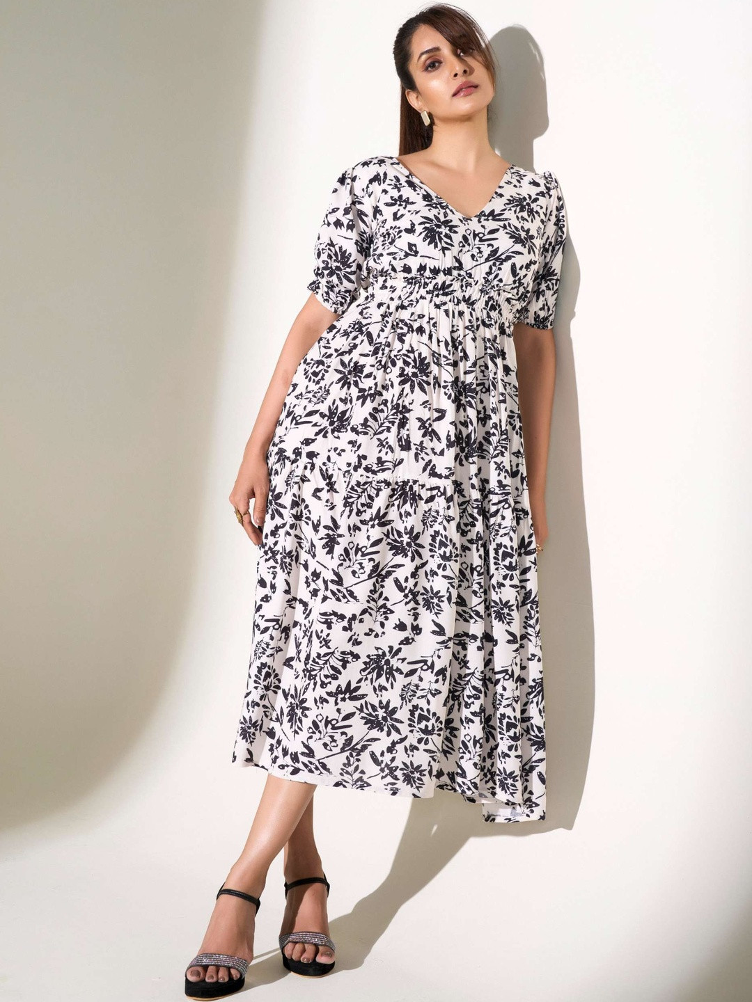R.Code by The Roadster Life Co. Floral Printed Gathered or Pleated A-Line Midi Dress
