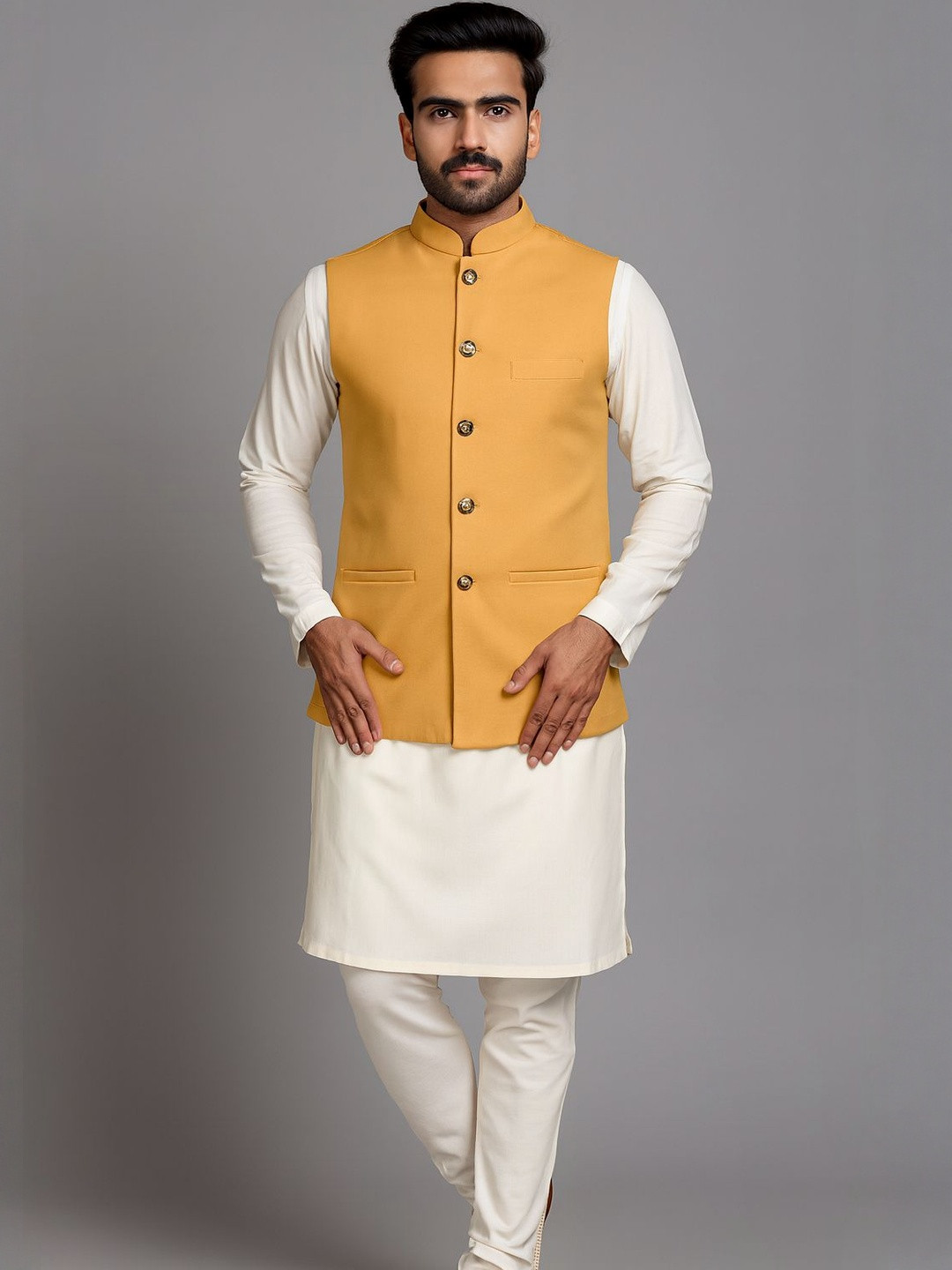 Shahi Achkan Men Mustard Solid Nehru Jacket