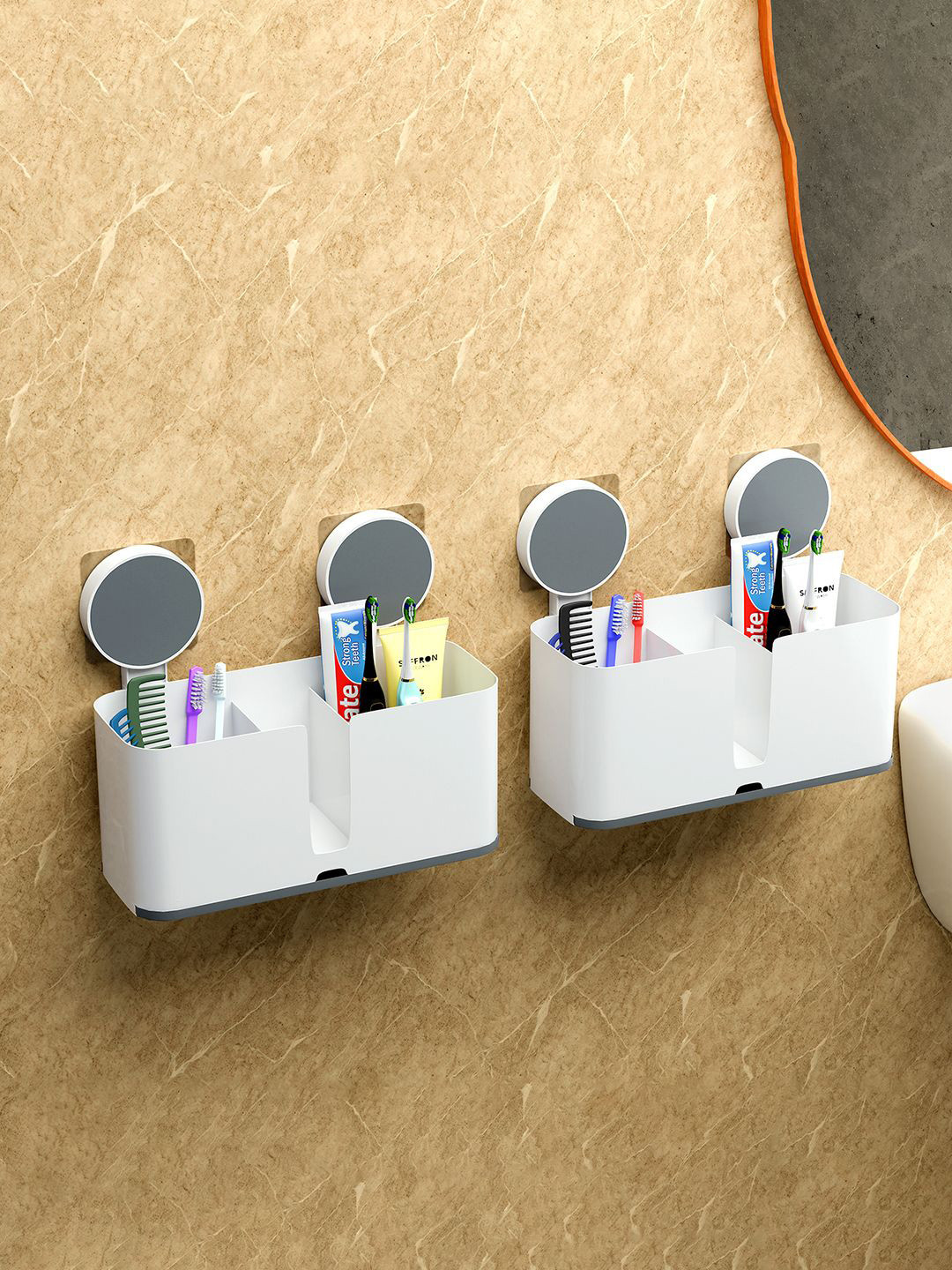 Kuber Industries White & Grey 2 Pieces Self-Adhesive Toothpaste Holders