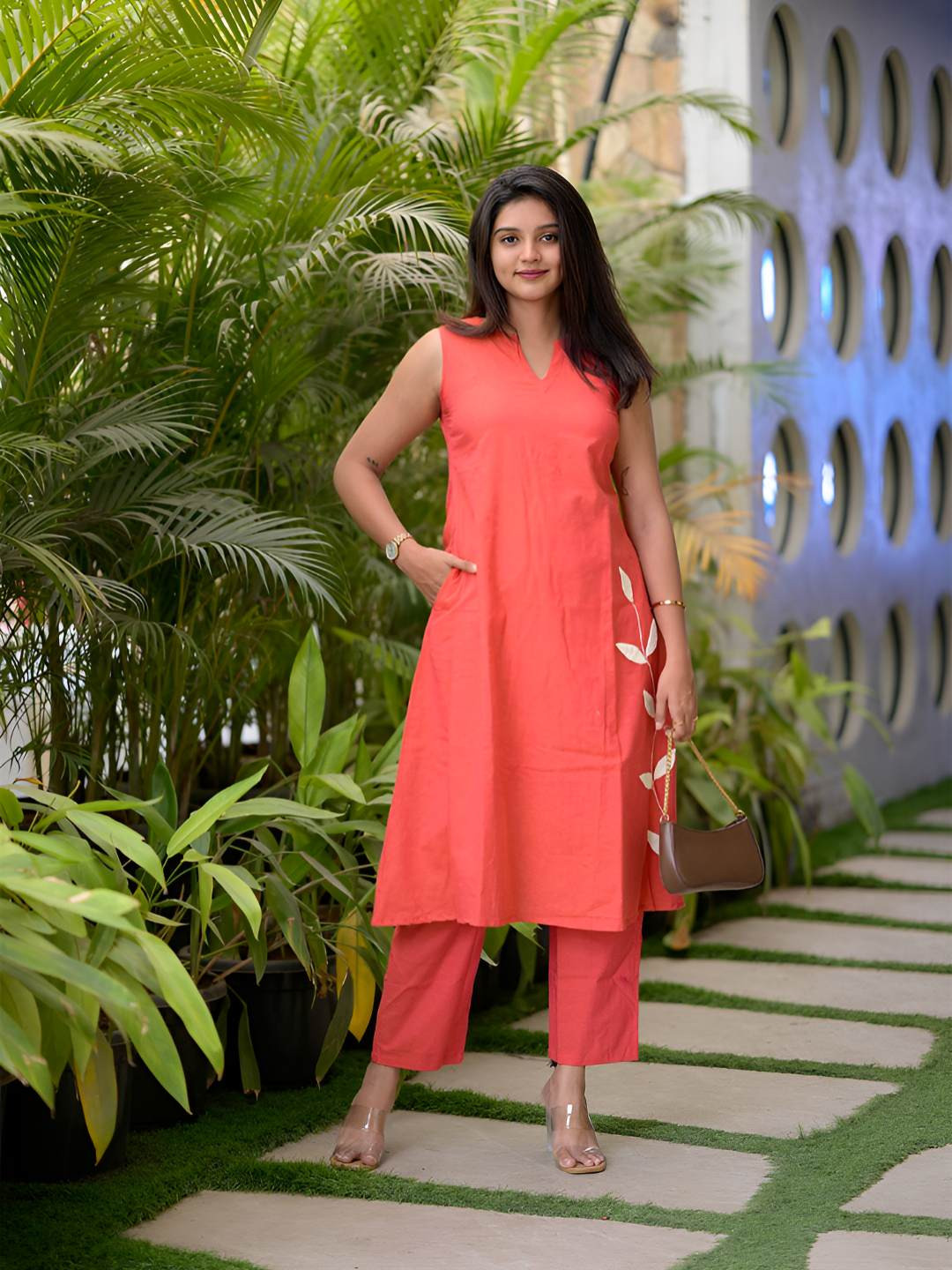 Vastara the Label Floral Applique Work Notch Neck Kurta With Trouser