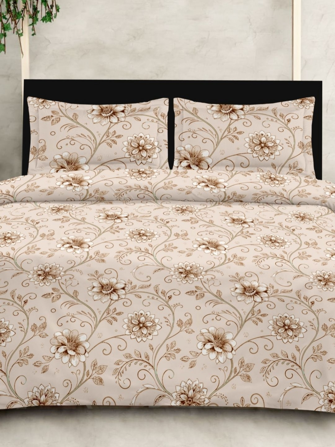 Sleeping Owls Brown & White Floral 210 TC Cotton Super King Bedsheet Set 2.74 m x 2.74 m