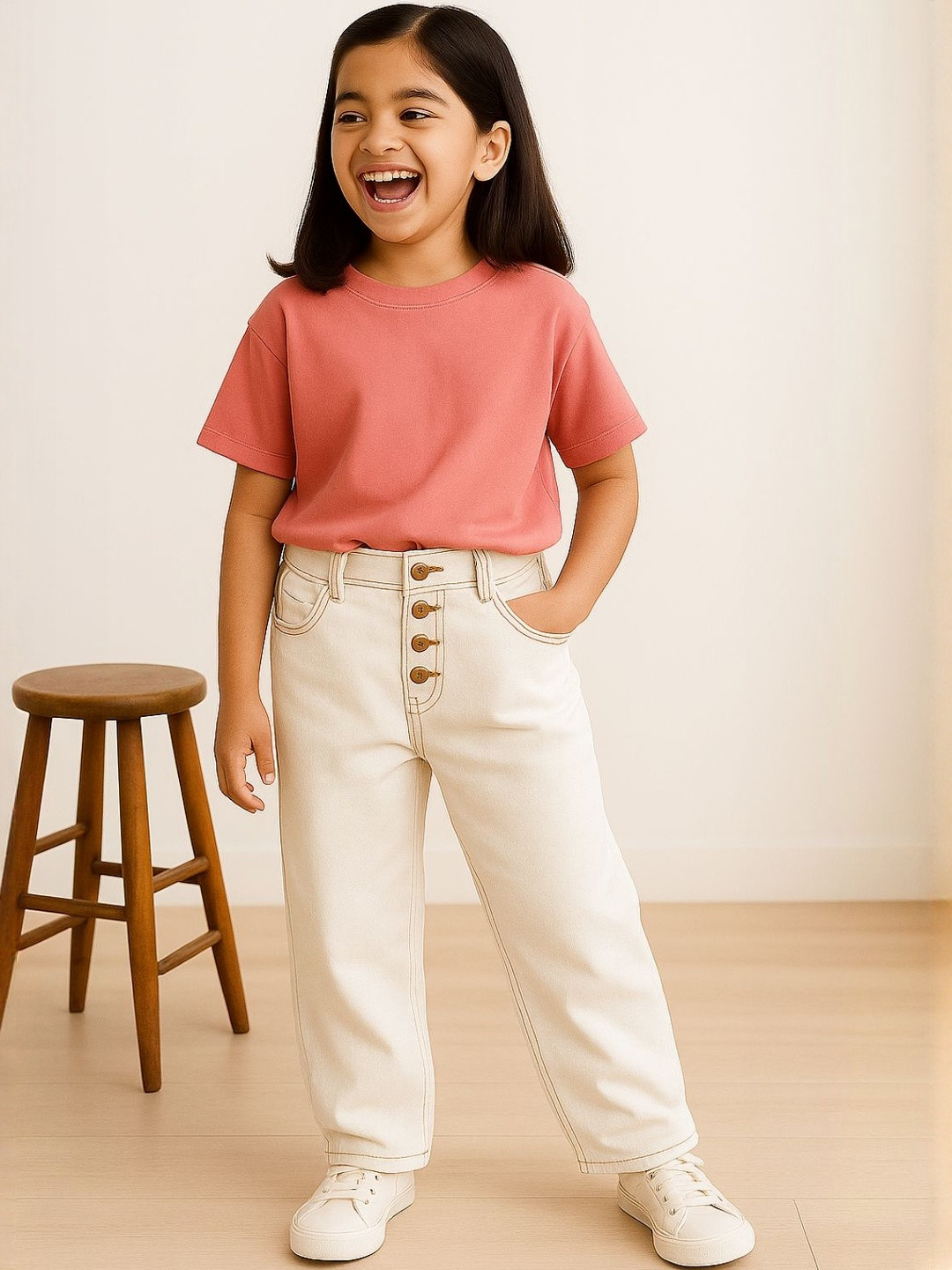 TALES & STORIES Girls White Casual Cotton Mid-Rise Loose Fit Denim Jeans