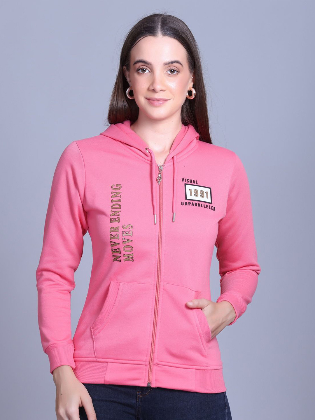 SPORTIZM Women Alphanumeric Printed Full Sleeve Zip-Up Hoodie