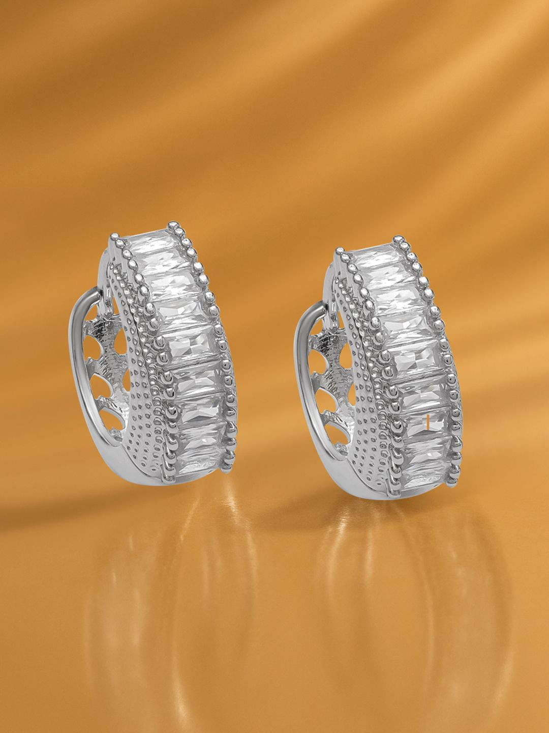 Rubans Rhodium-Plated Cubic Zirconia Studded Curved Half-Hoop Earrings