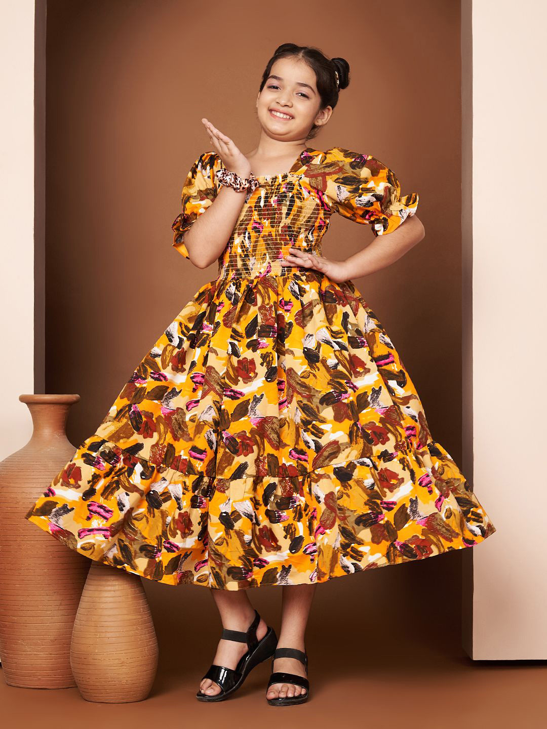 ZWERLON Girls Abstract Printed Fit & Flare Puff Sleeve Midi Dress