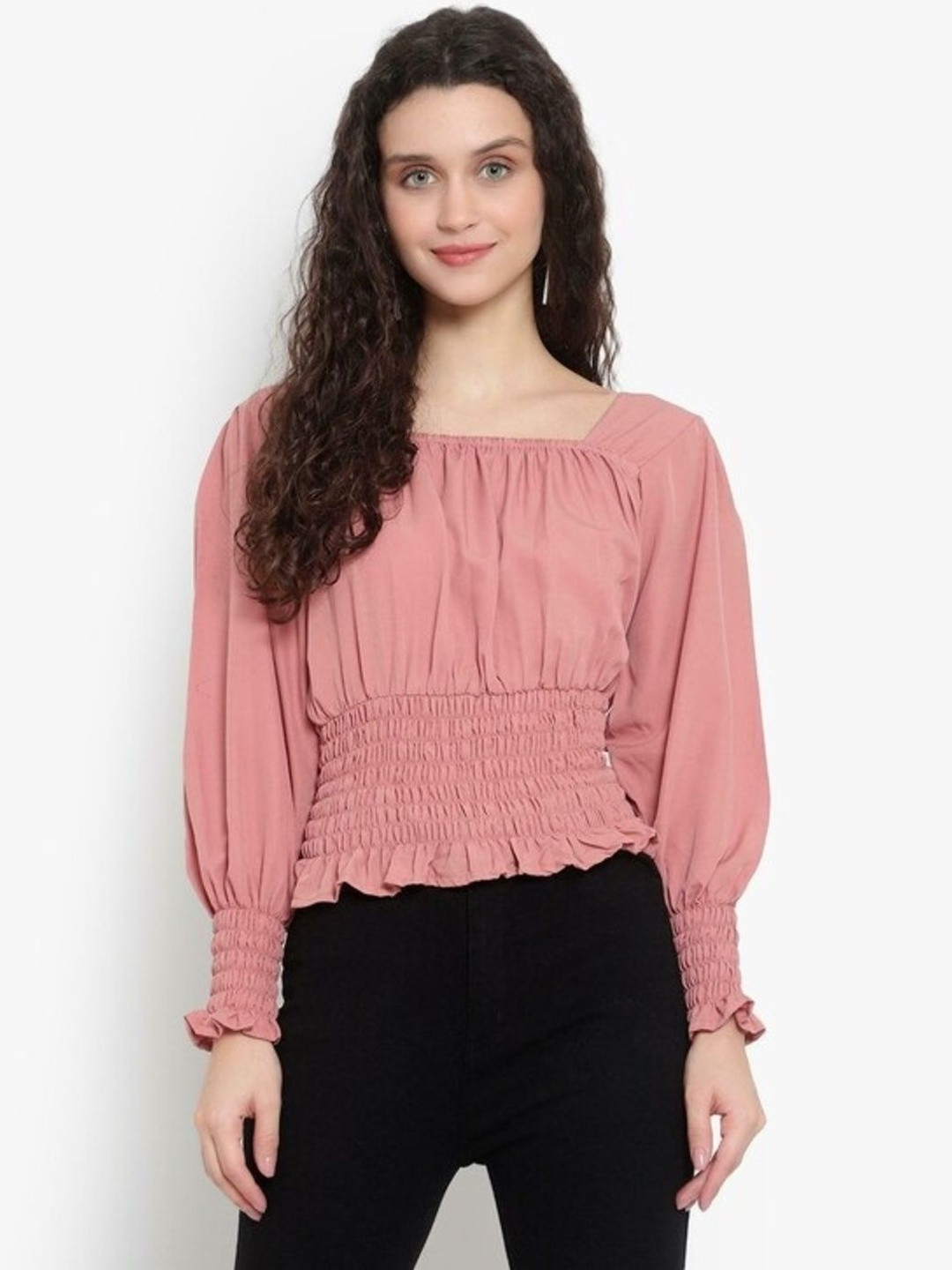 VERMA CREATION Women Square Neck Smocked Puff Sleeve Blouson Crop Top