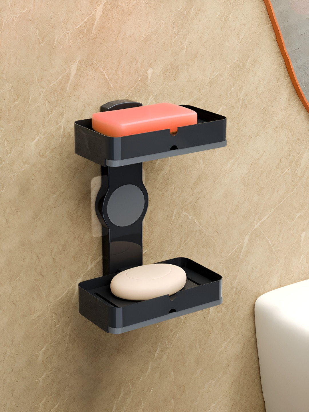 Aura Black Self-Adhesive Double Layers Soap Holder with Drain Tray