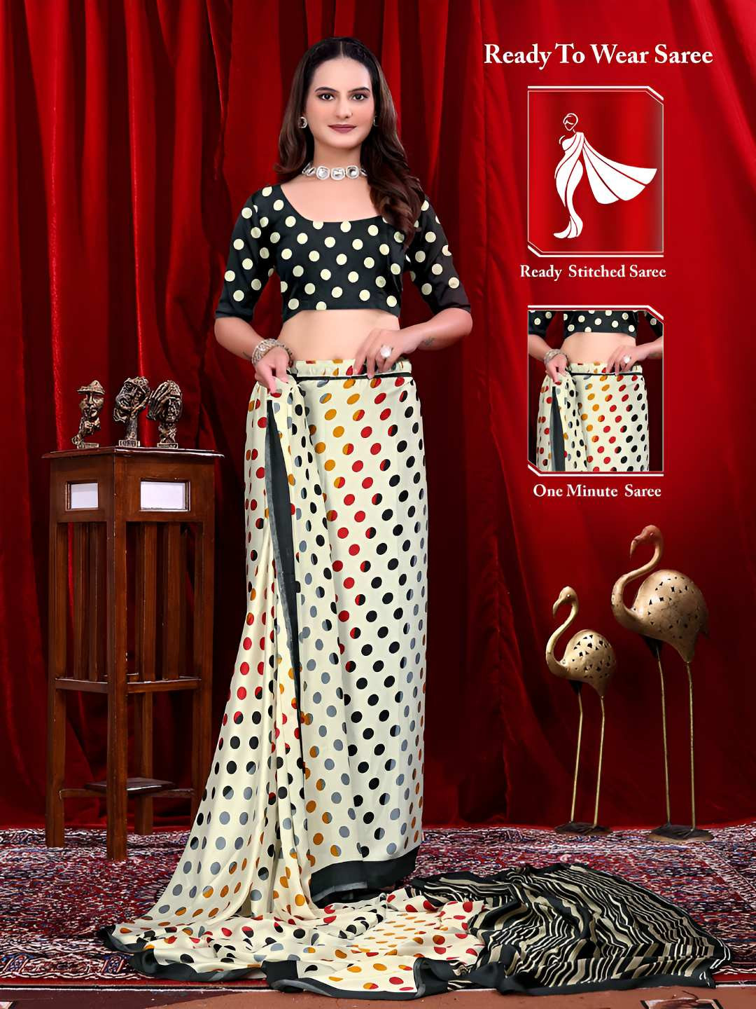 Pionex Polka Dots Printed Ready to Wear Satin Saree