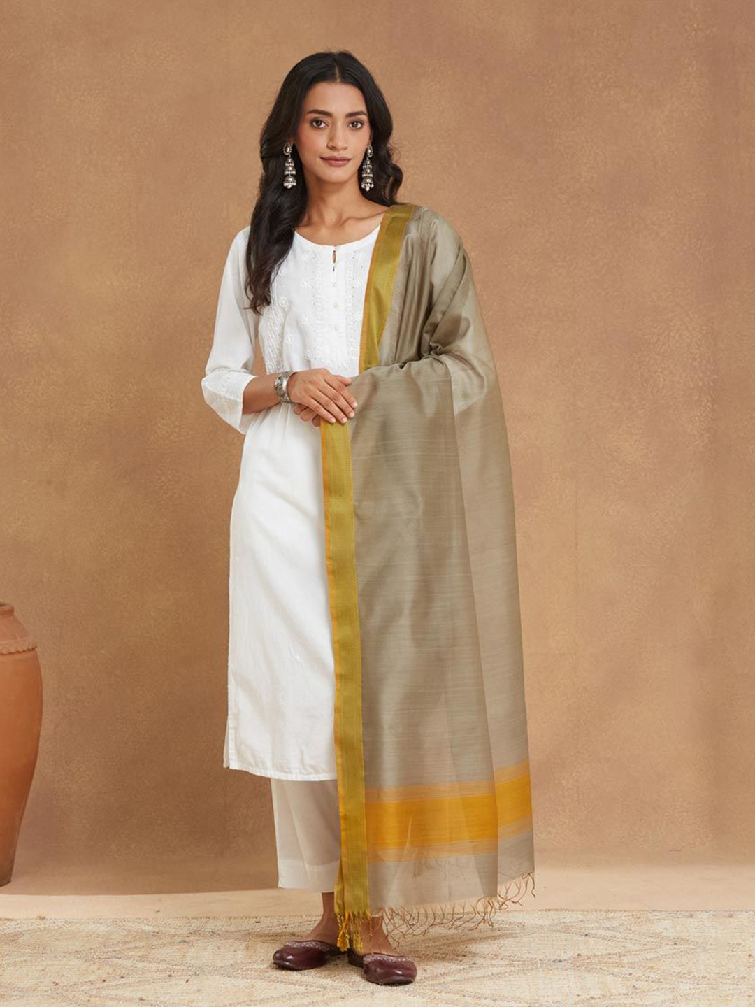 Fabindia Cotton Silk Dupatta With Tasseled Boarder