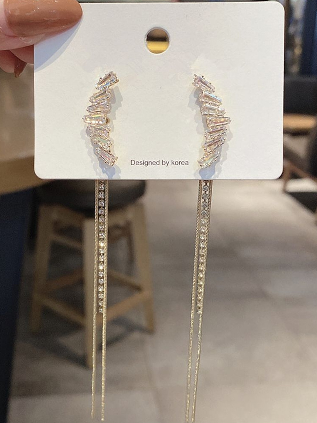 Zaphariq Gold-Plated Tasselled Crystals Studded Contemporary Korean Drop Earrings