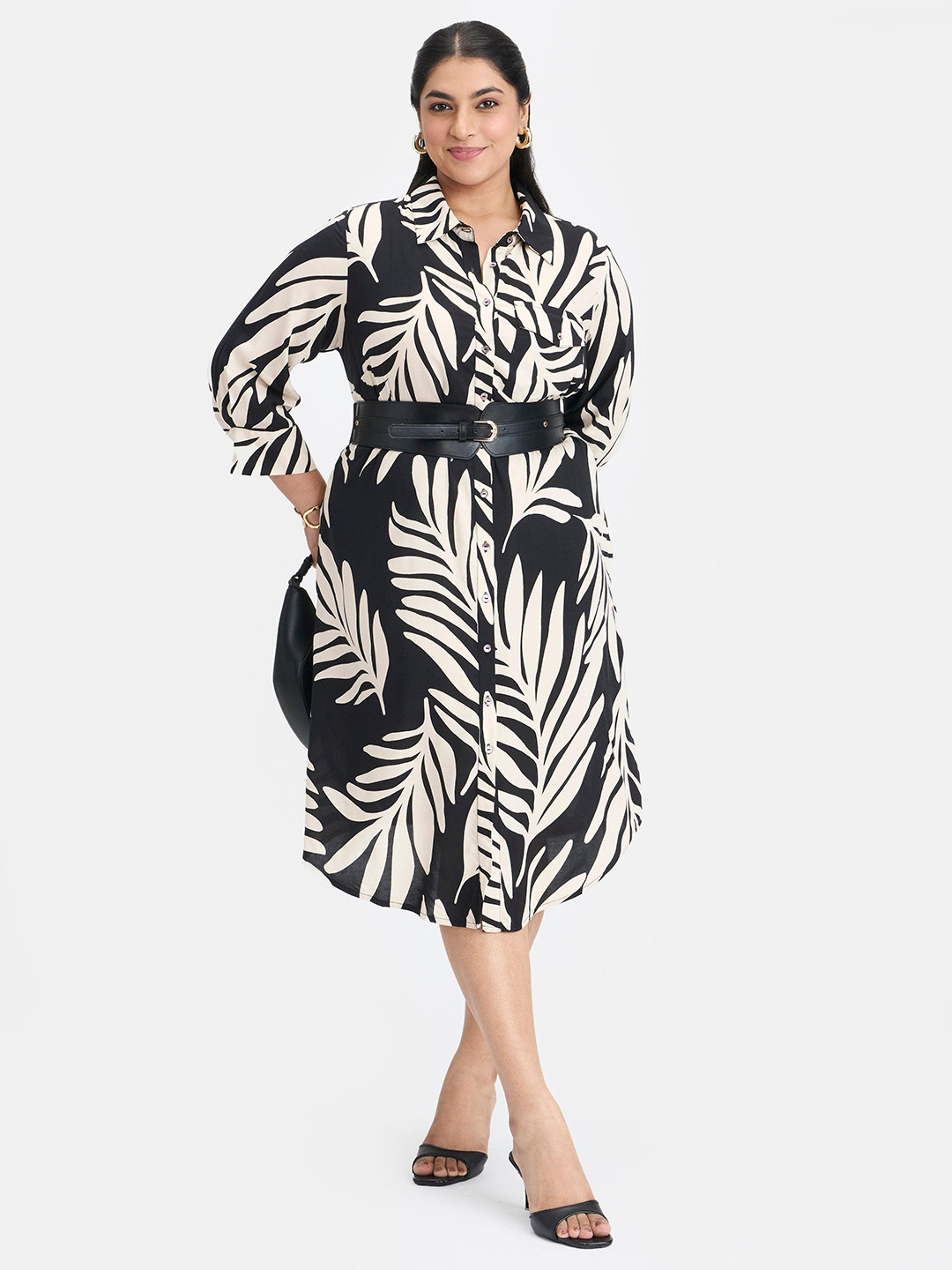Virgio Plus Size  Women Shirt Collar Printed Long Sleeves Shirt Midi Dress