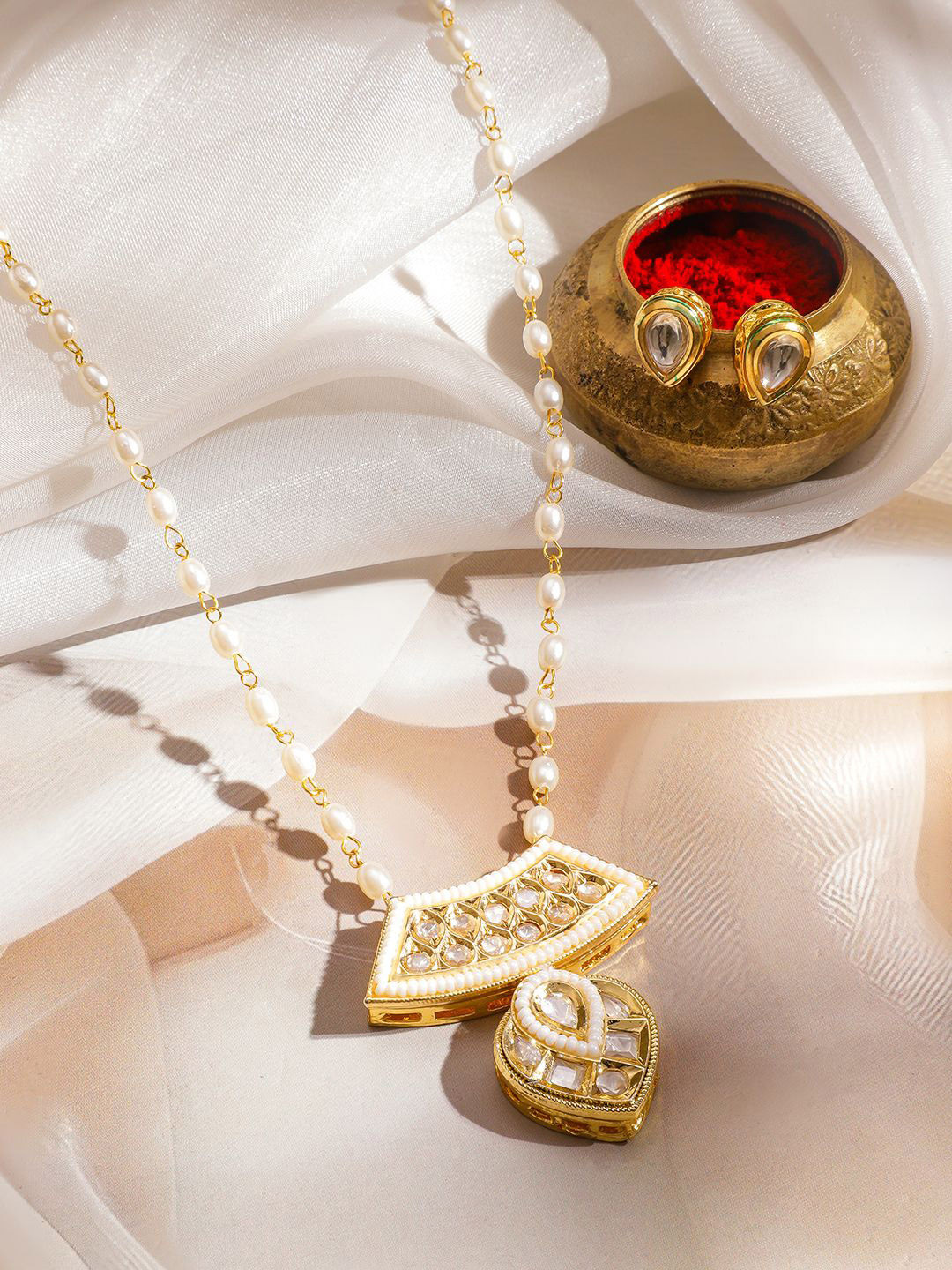 Rubans 18K Gold-Plated White Pearl Beaded & Kundan Studded Pendant Necklace Set