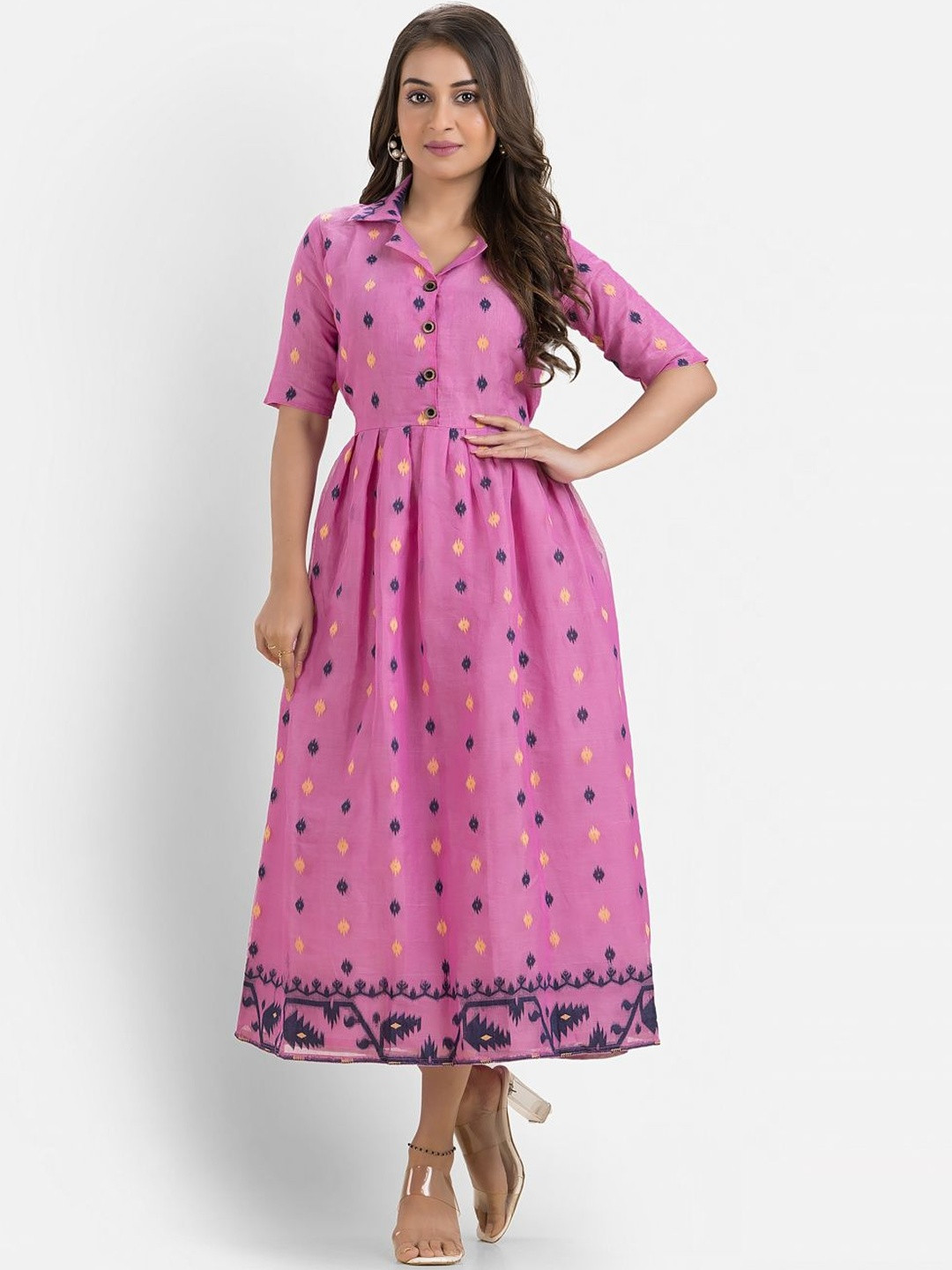 Crazy Needle Women Printed Fit and Flare Midi Dress