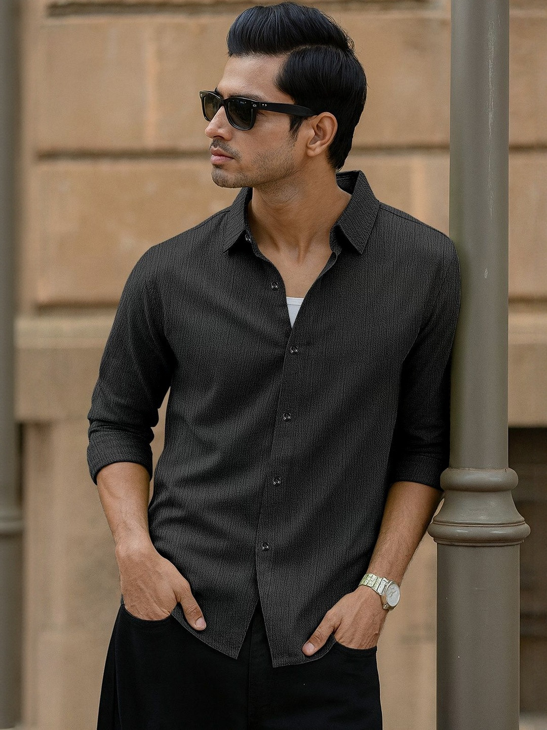 KHUSHI CREATION Original Popcorn Textured Spread Collar Roll-Up Sleeves Shirt