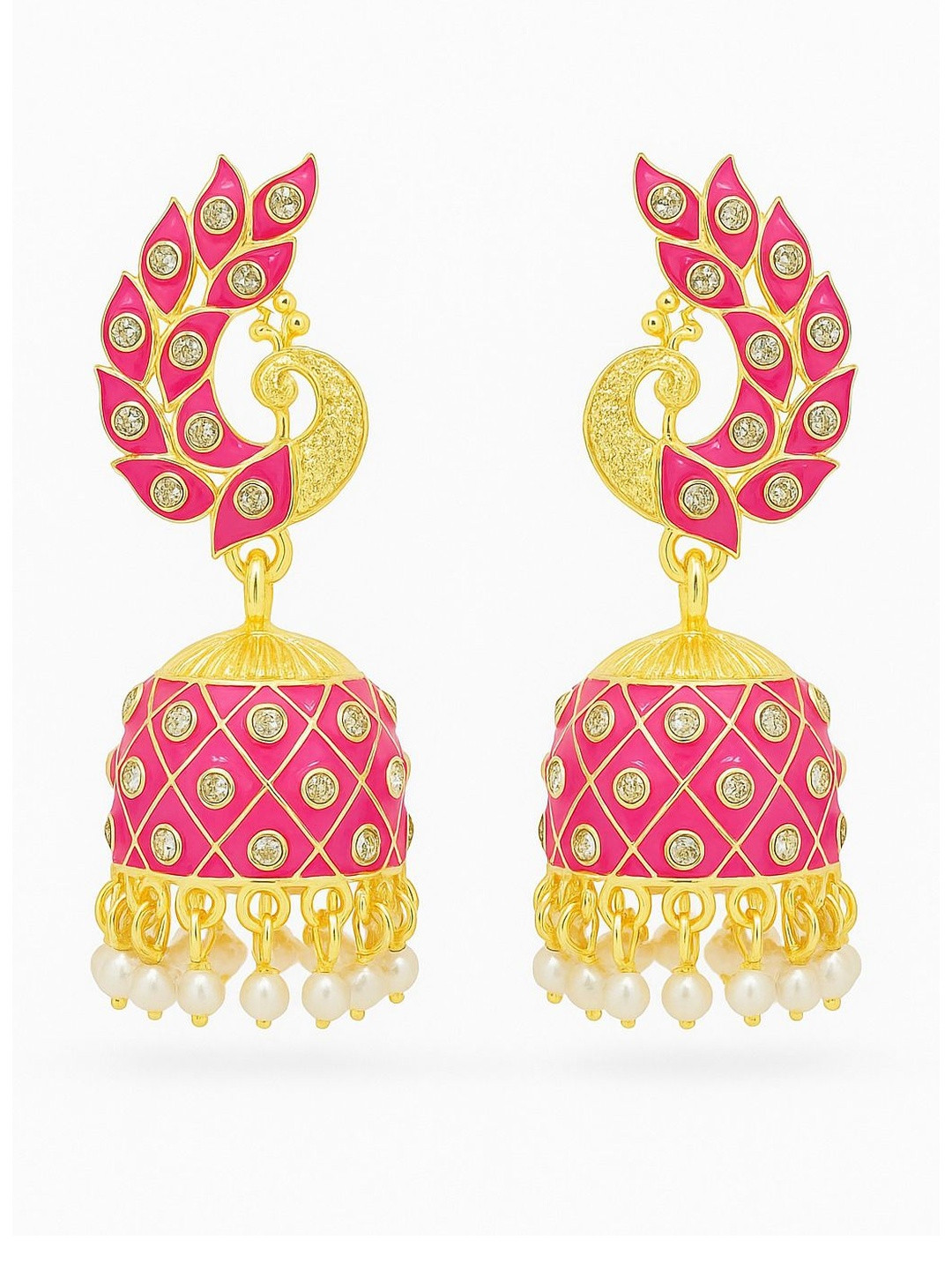 Anouk Women Pink Peacock Gold Plated Meenakari Jhumkas Earrings