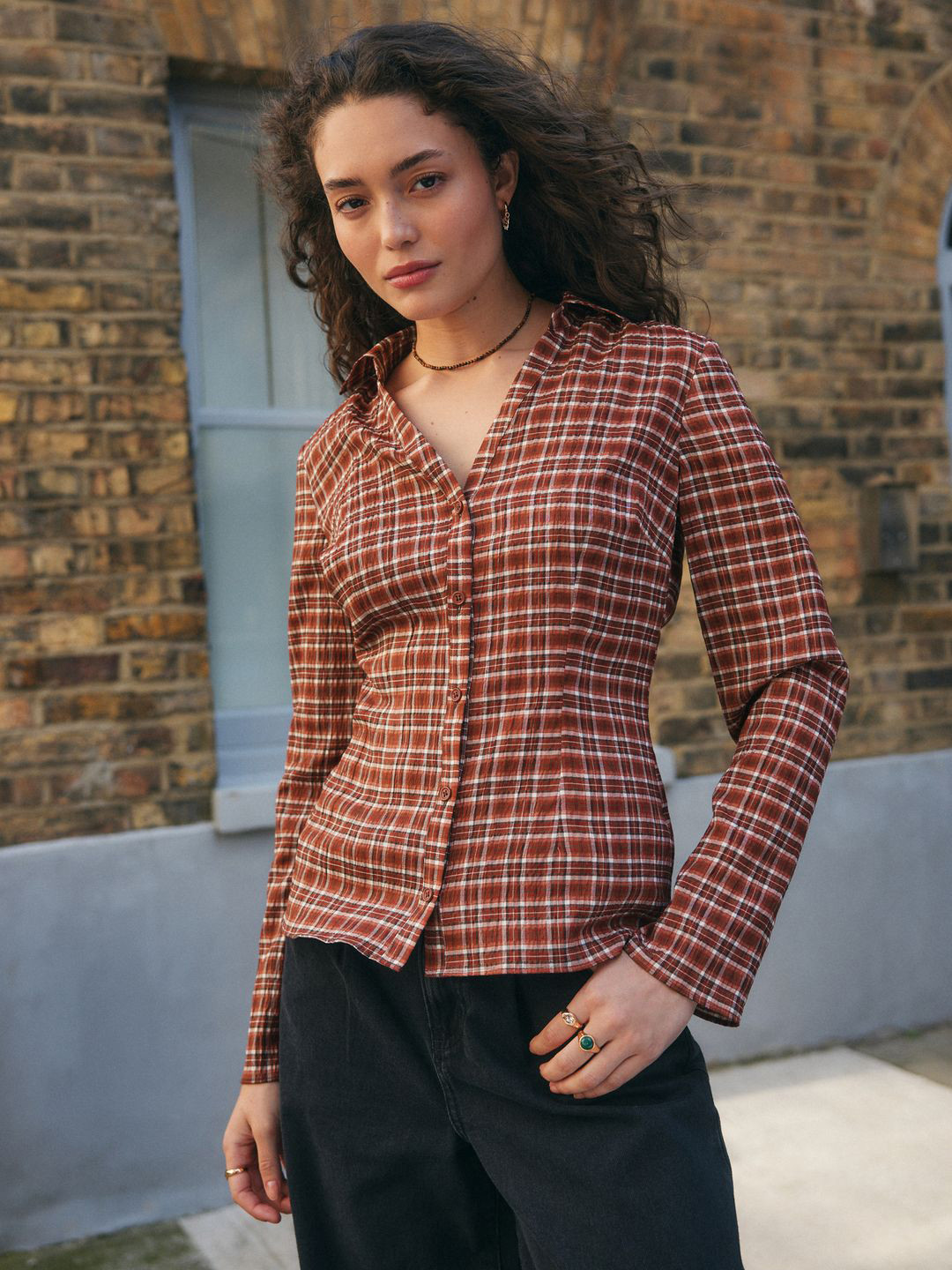 NEXT Tartan Checked Crinkled Slim Fit Casual Shirt
