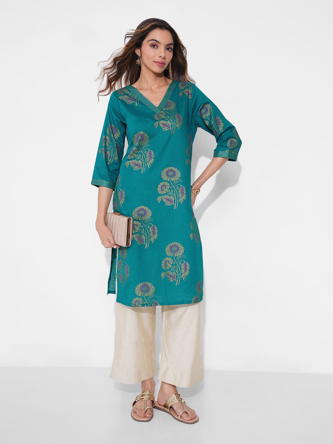 RANGMANCH BY PANTALOONS Women Foral Printed Sequinned V-Neck Cotton Kurta