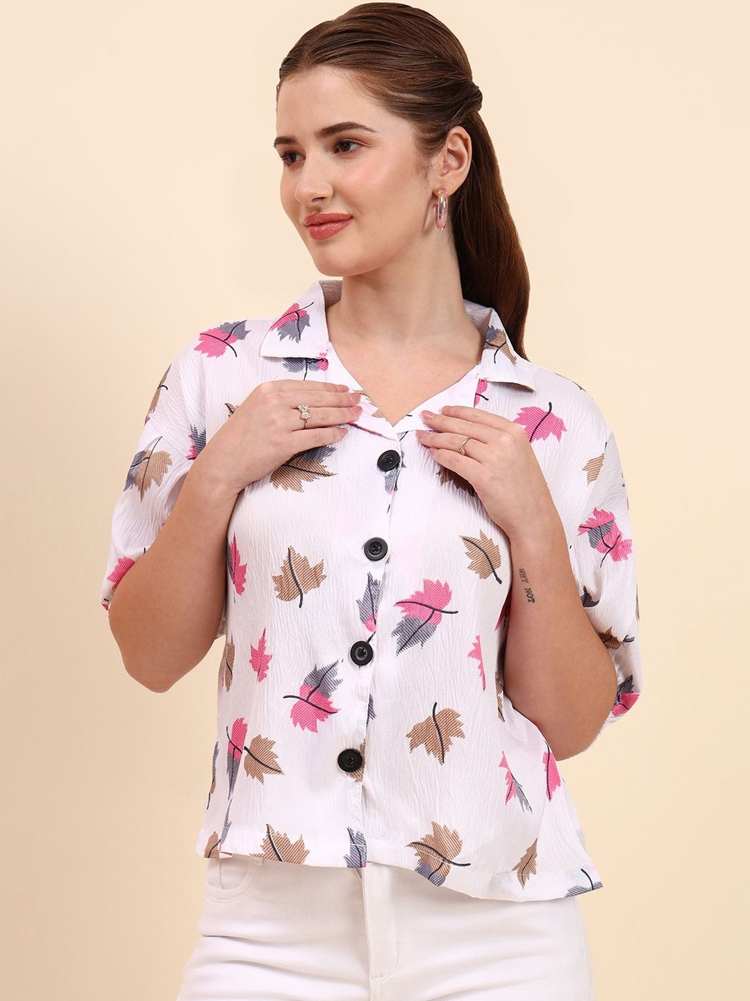 DressBerry Women White leaf Printed Spread Collar Puff Sleeves Cotton Boxy Shirt